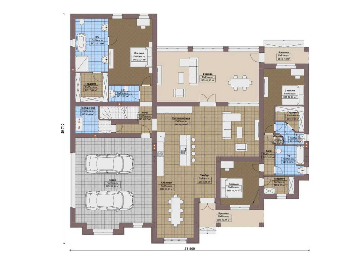 F-17198 - План одноэтажного дома 21 на 22, площадью 310 м² с террасой, гаражом на 2 машины и 3 спальнями