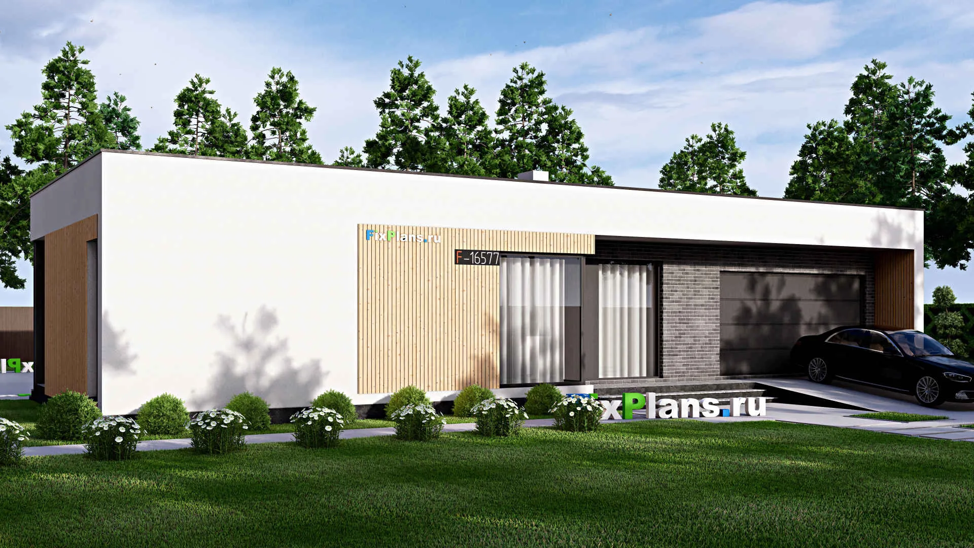 F-16577 - Проект одноэтажного дома 20 на 24, площадью 290 м² с террасой, гаражом на 2 машины и 3 спальнями