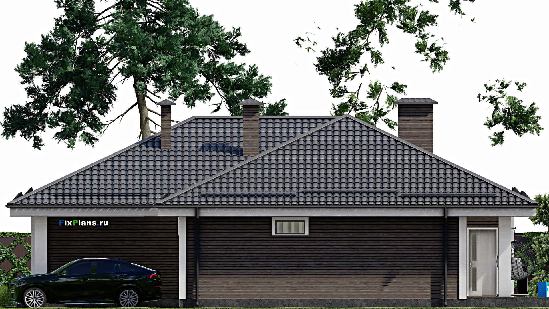 F-9665 - Проект одноэтажного дома 18 на 19, площадью 240 м² с террасой, гаражом на 1 машину и 3 спальнями