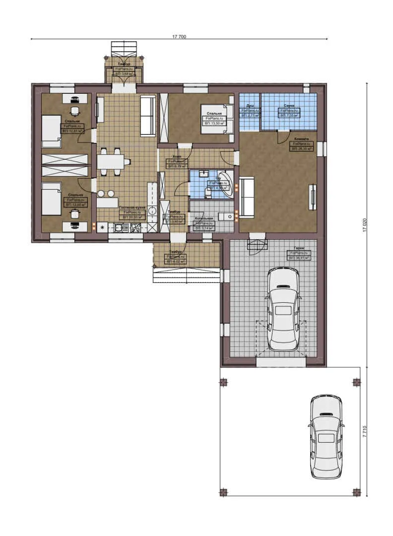 F-6317 - План одноэтажного дома 18 на 18, площадью 180 м² с баней, гаражом на 2 машины и 3 спальнями