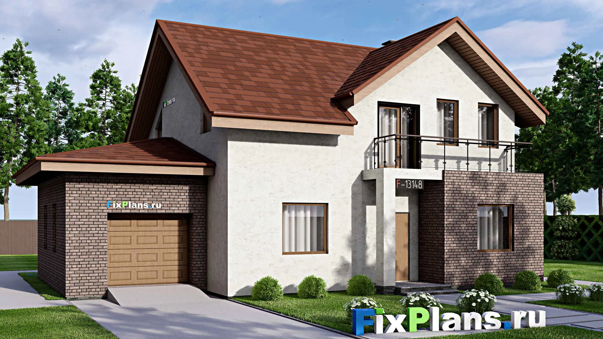 F-13148 - Проект дома с мансардой 13 на 15, площадью 230 м² с балконом, цокольным этажом, баней, гаражом на 1 машину и 2 спальнями