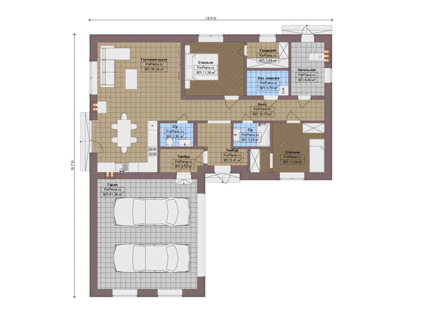 F-14102 - План одноэтажного дома 15 на 16, площадью 140 м² с гаражом на 2 машины и 2 спальнями