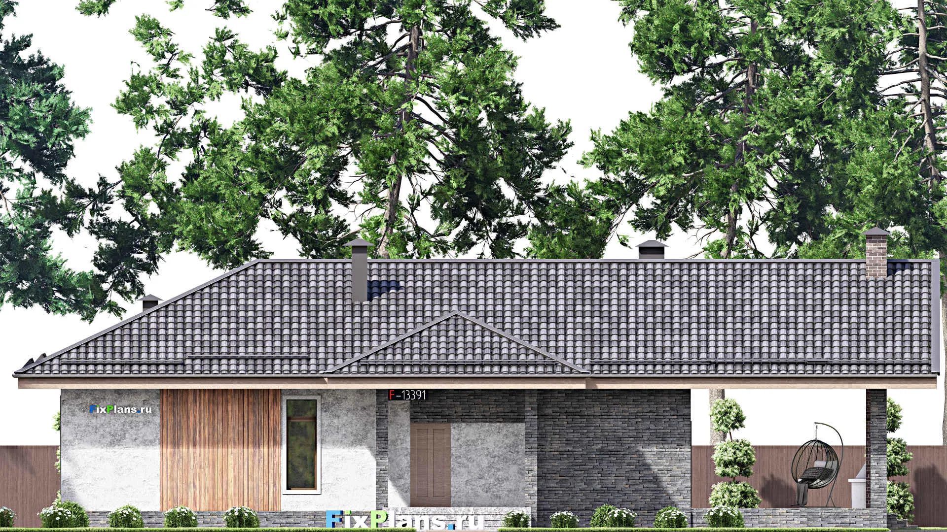 F-13391 - План одноэтажного дома 16 на 21, площадью 200 м² с террасой, баней и 3 спальнями