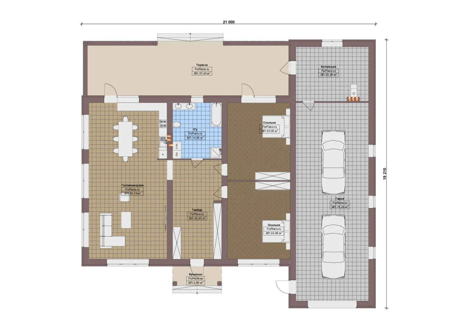 F-17954 - План одноэтажного дома 20 на 21, площадью 320 м² с террасой, гаражом на 2 машины и 2 спальнями
