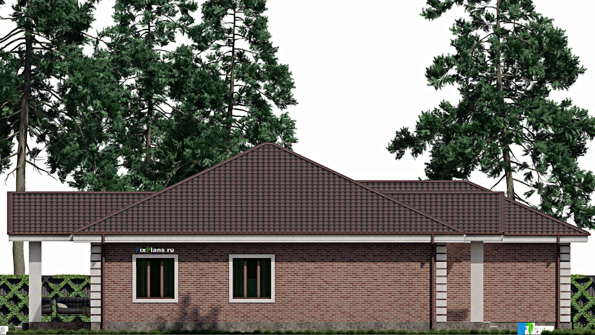 F-0674 - Проект одноэтажного дома 20 на 22, площадью 270 м² с террасой, гаражом на 2 машины и 4 спальнями