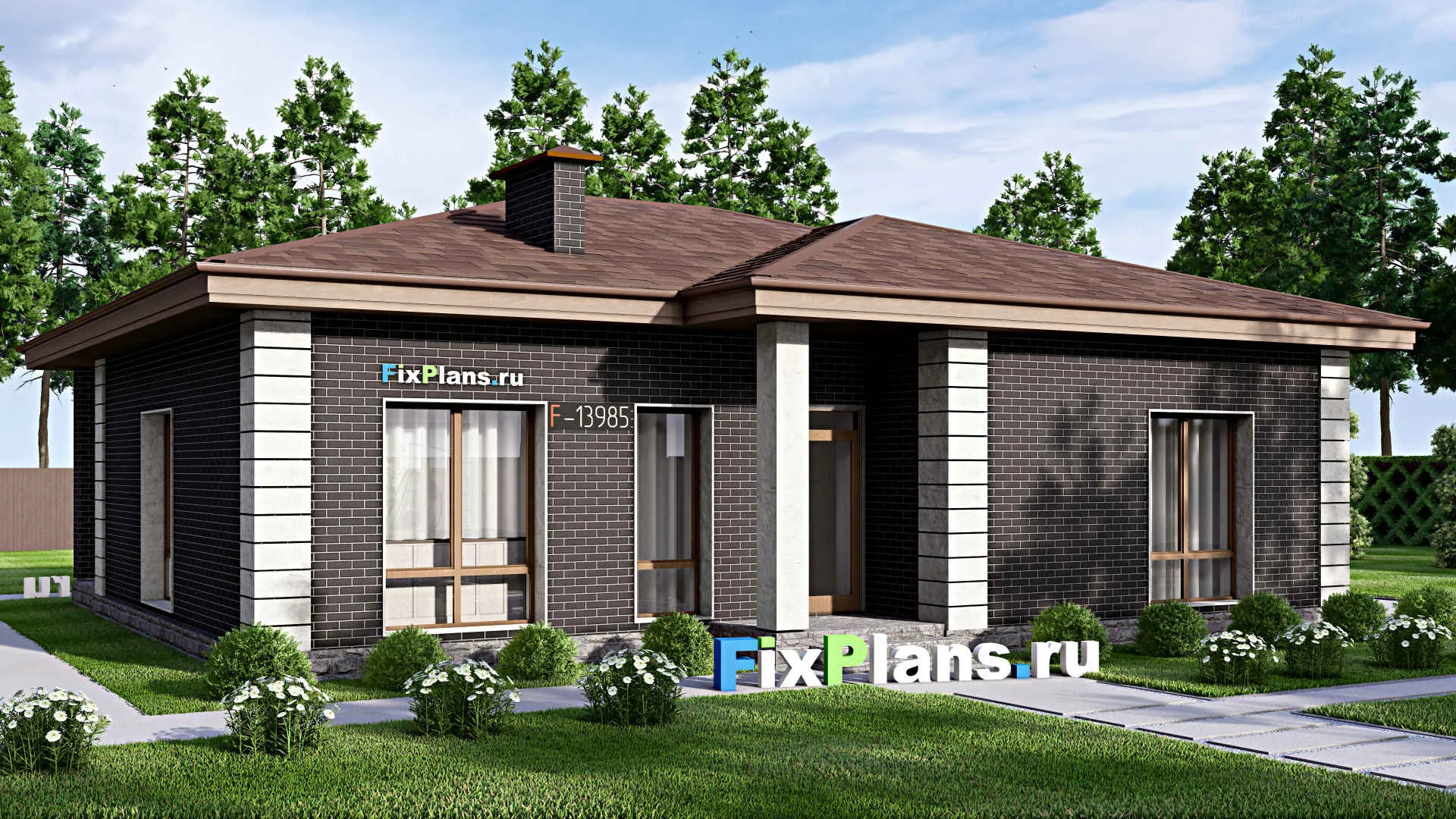 F-13985 - Проект одноэтажного дома 13 на 14, площадью 130 м² с террасой и 3 спальнями