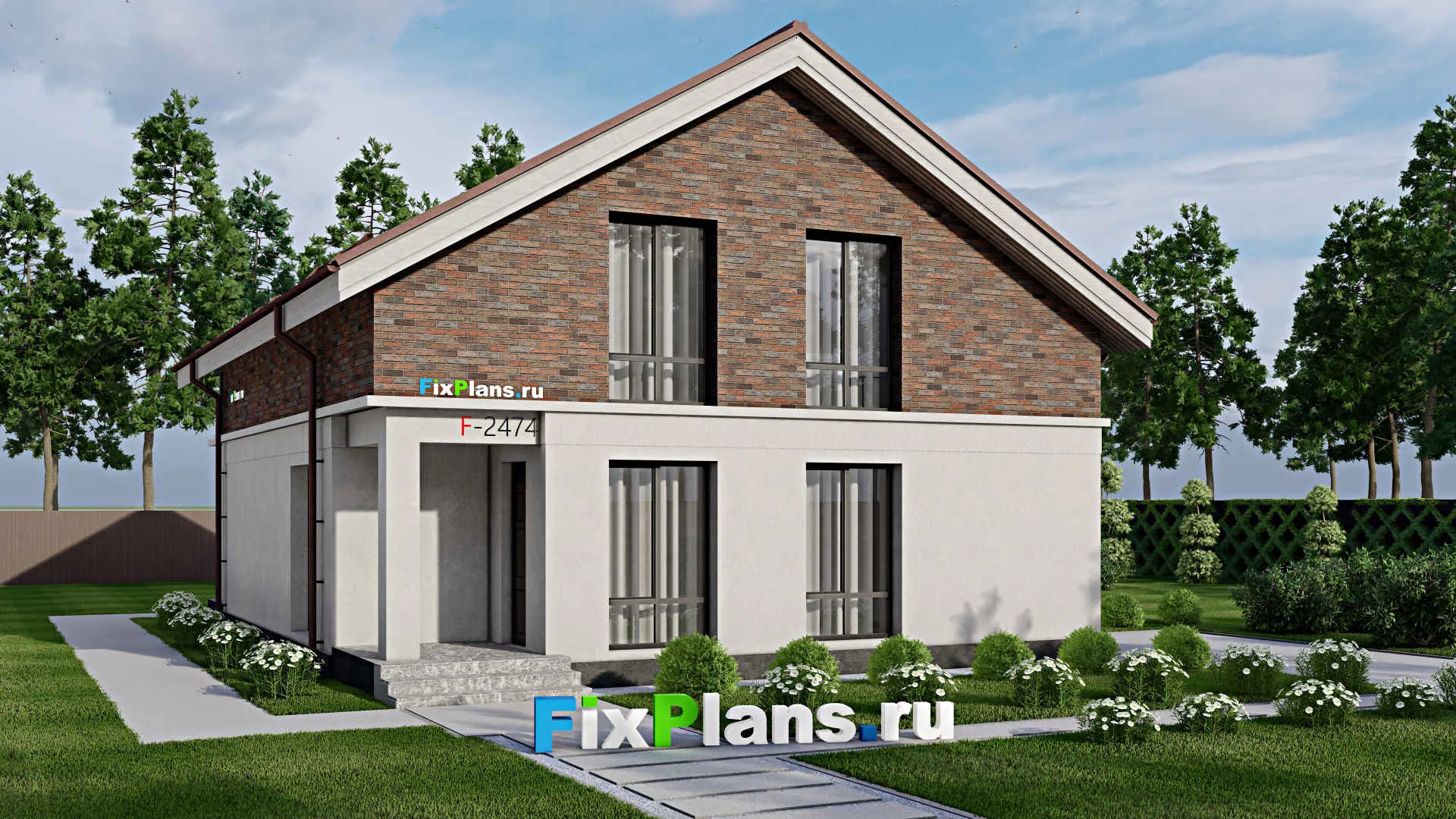 F-2474 - Проект дома с мансардой 11 на 14, площадью 230 м² с террасой, балконом и 5 спальнями