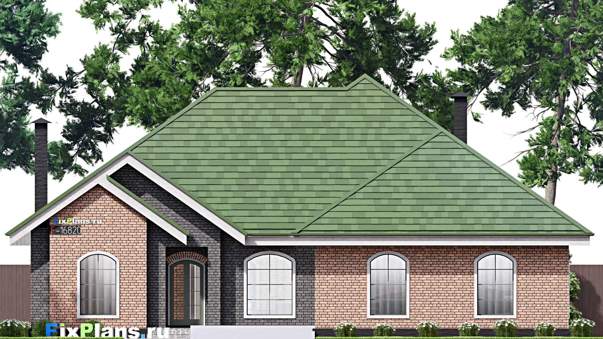 F-16820 - Проект одноэтажного дома 18 на 22, площадью 240 м² с террасой, гаражом на 2 машины и 3 спальнями