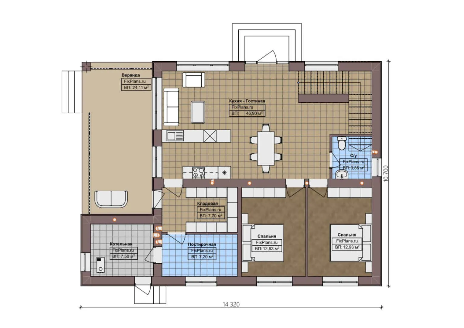 F-0791 - Планы двухэтажного дома 11 на 15, площадью 210 м² с террасой и 6 спальнями