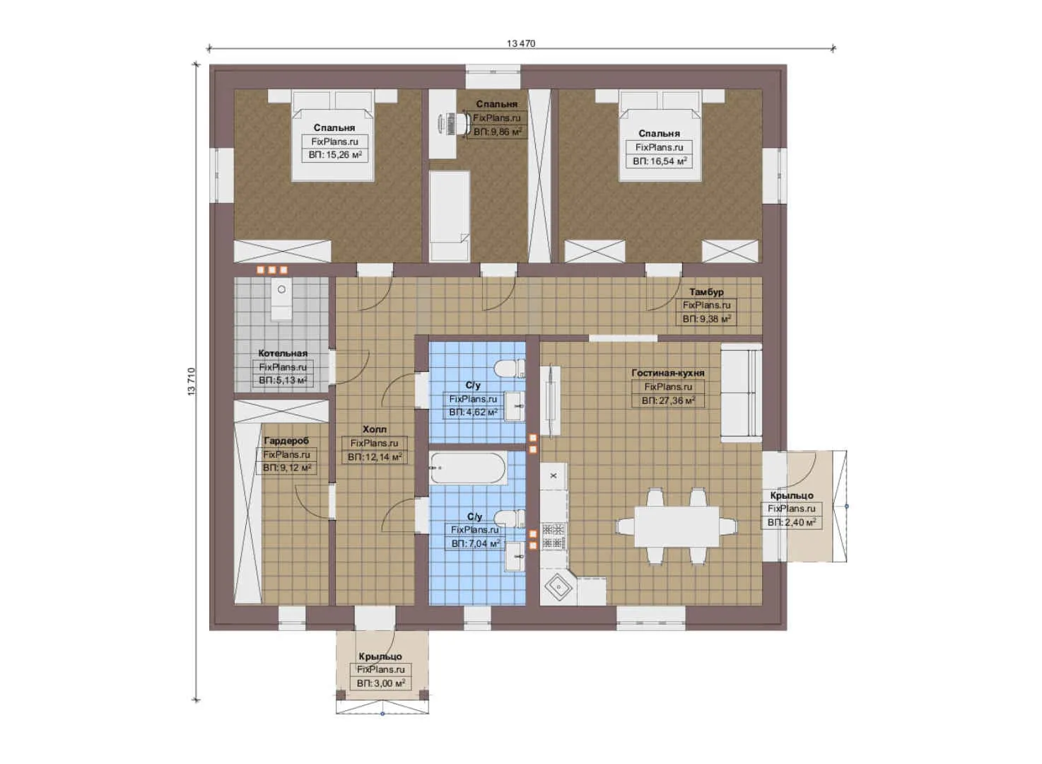 F-14192 - План одноэтажного дома 14 на 14, площадью 130 м² с 3 спальнями