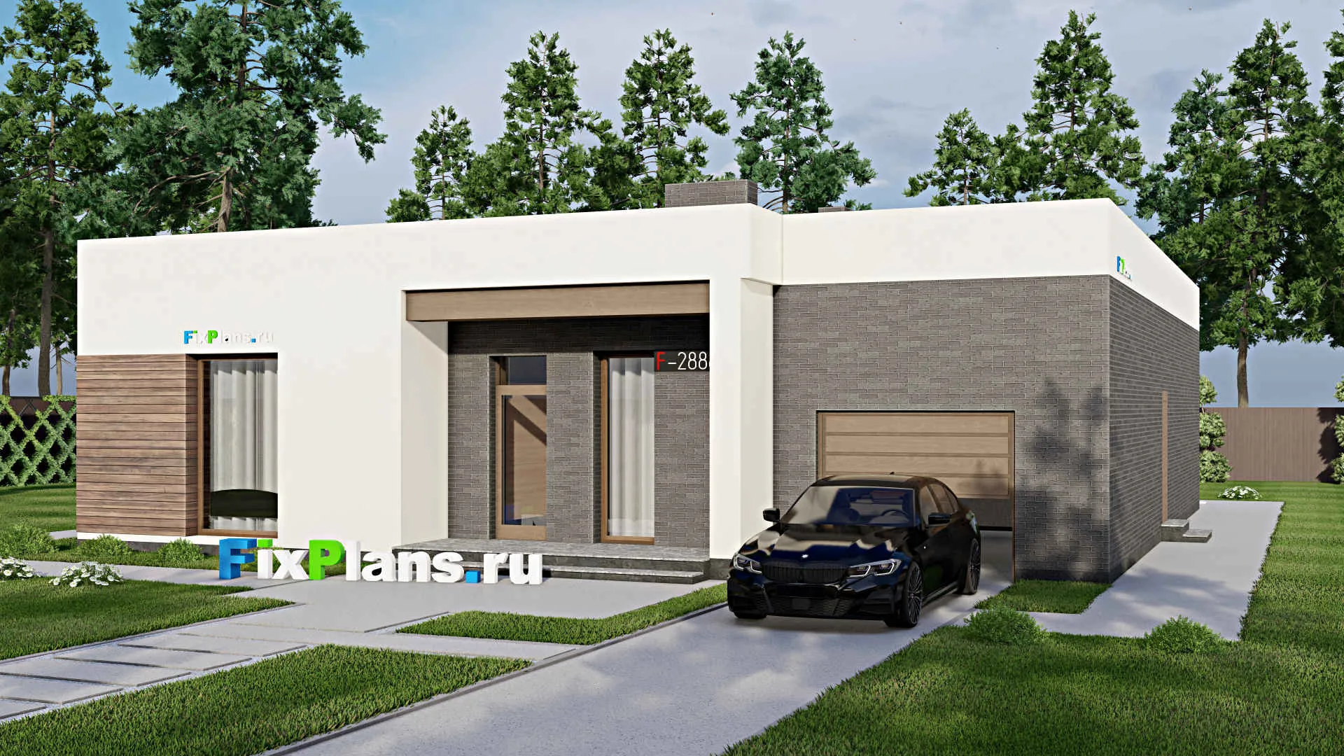 F-2888 - Проект одноэтажного дома 15 на 18, площадью 200 м² с террасой, гаражом на 1 машину и 3 спальнями