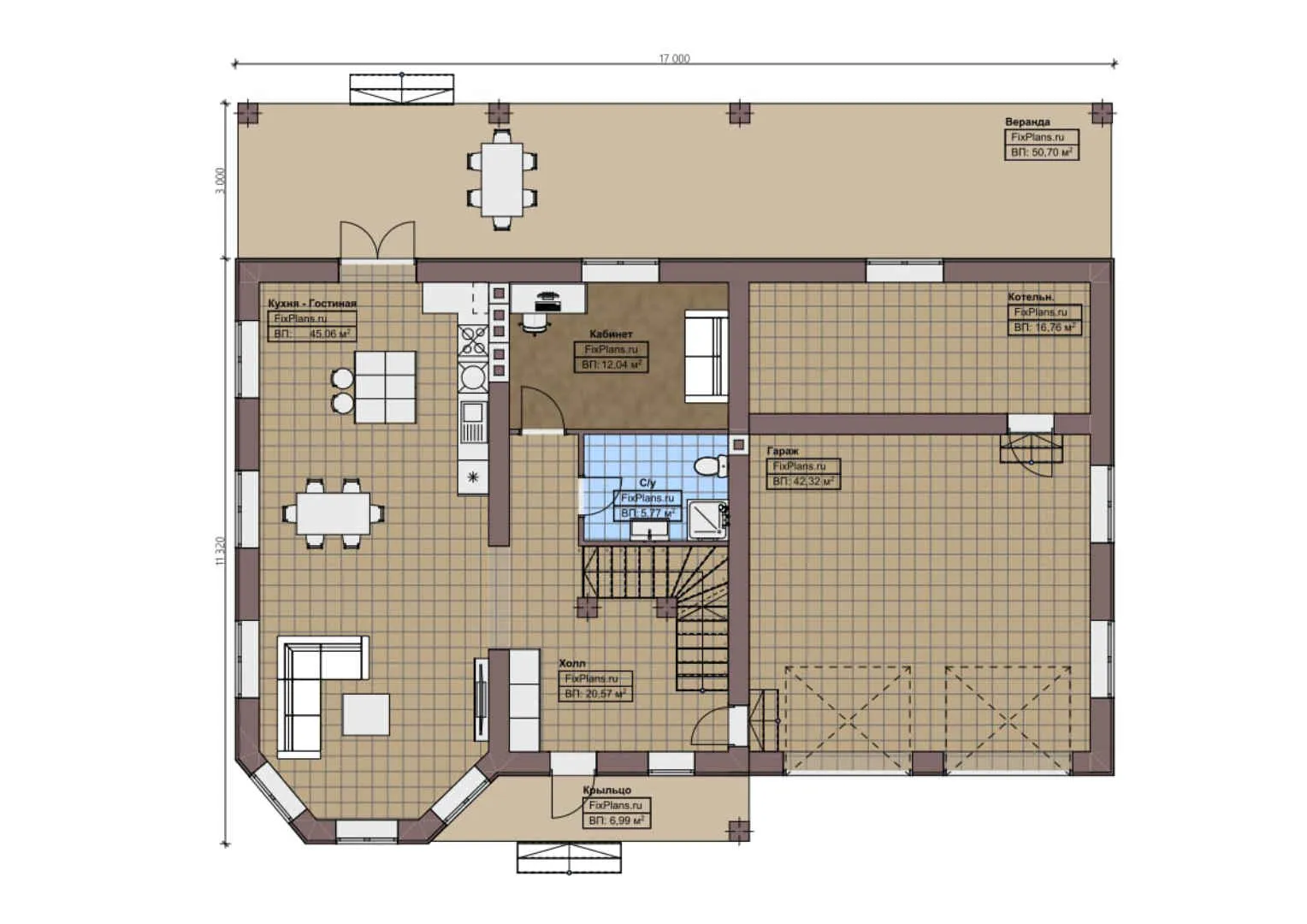 F-1475 - Планы двухэтажного дома 12 на 17, площадью 280 м² с террасой, гаражом на 2 машины и 3 спальнями