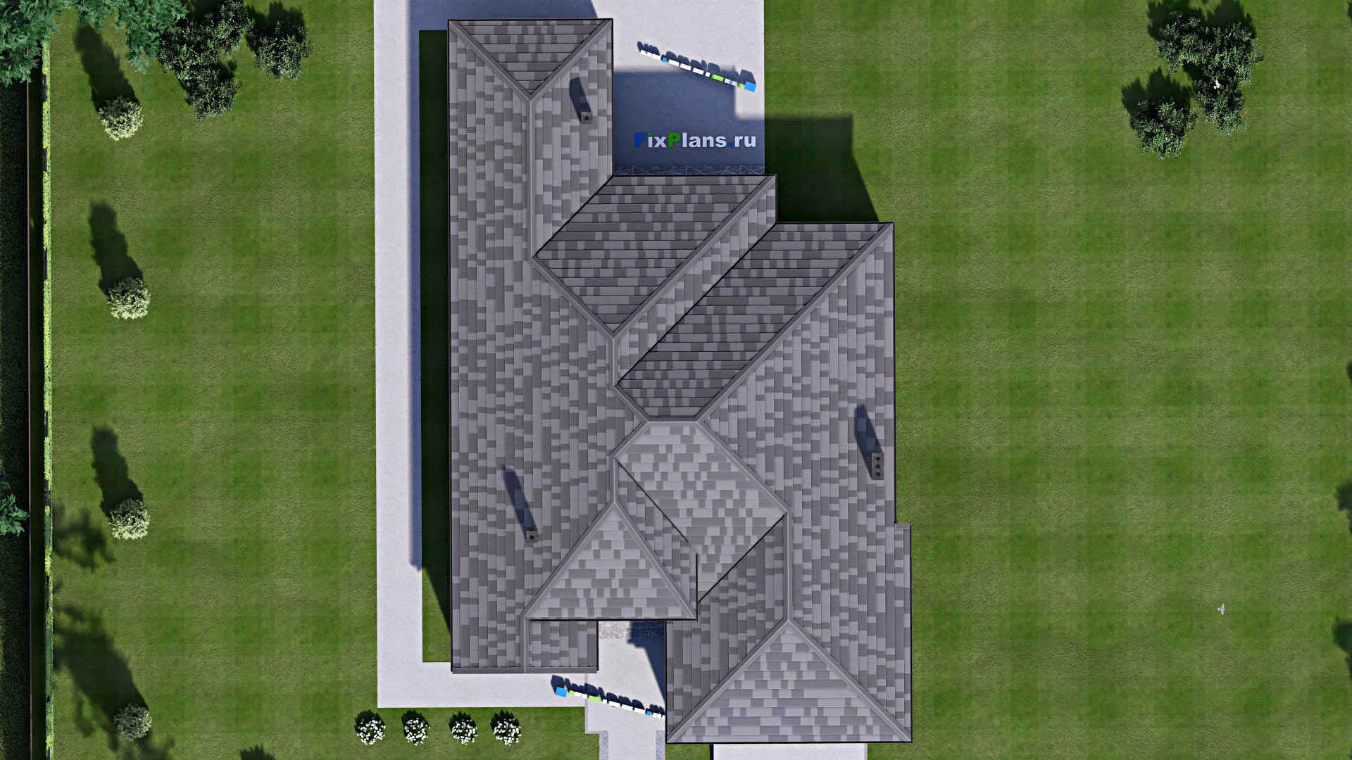 F-16811 - План одноэтажного дома 15 на 24, площадью 220 м² с террасой, гаражом на 2 машины и 3 спальнями