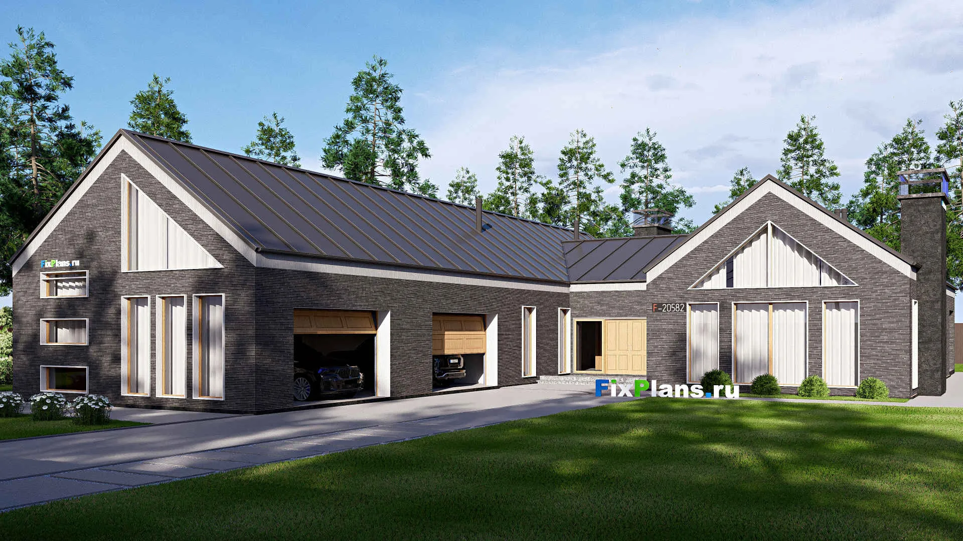 F-20582 - Проект одноэтажного дома 23 на 32, площадью 410 м² с террасой, гаражом на 2 машины и 3 спальнями