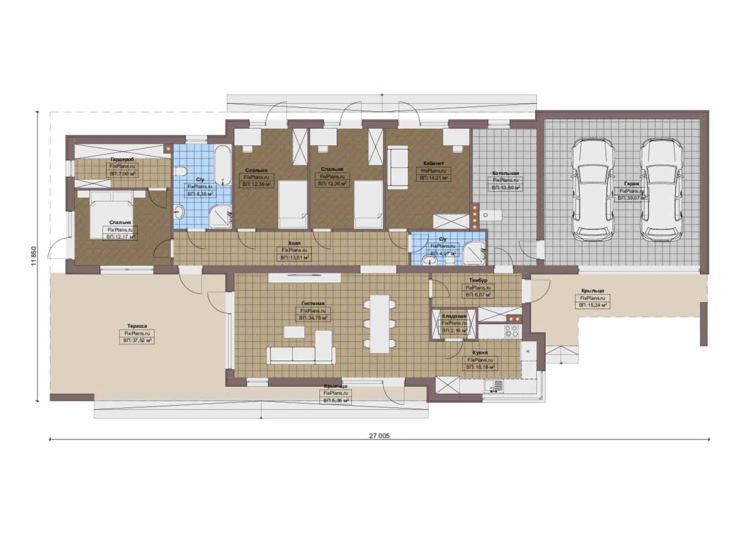 F-16649 - План одноэтажного дома 12 на 27, площадью 250 м² с террасой, гаражом на 2 машины и 3 спальнями