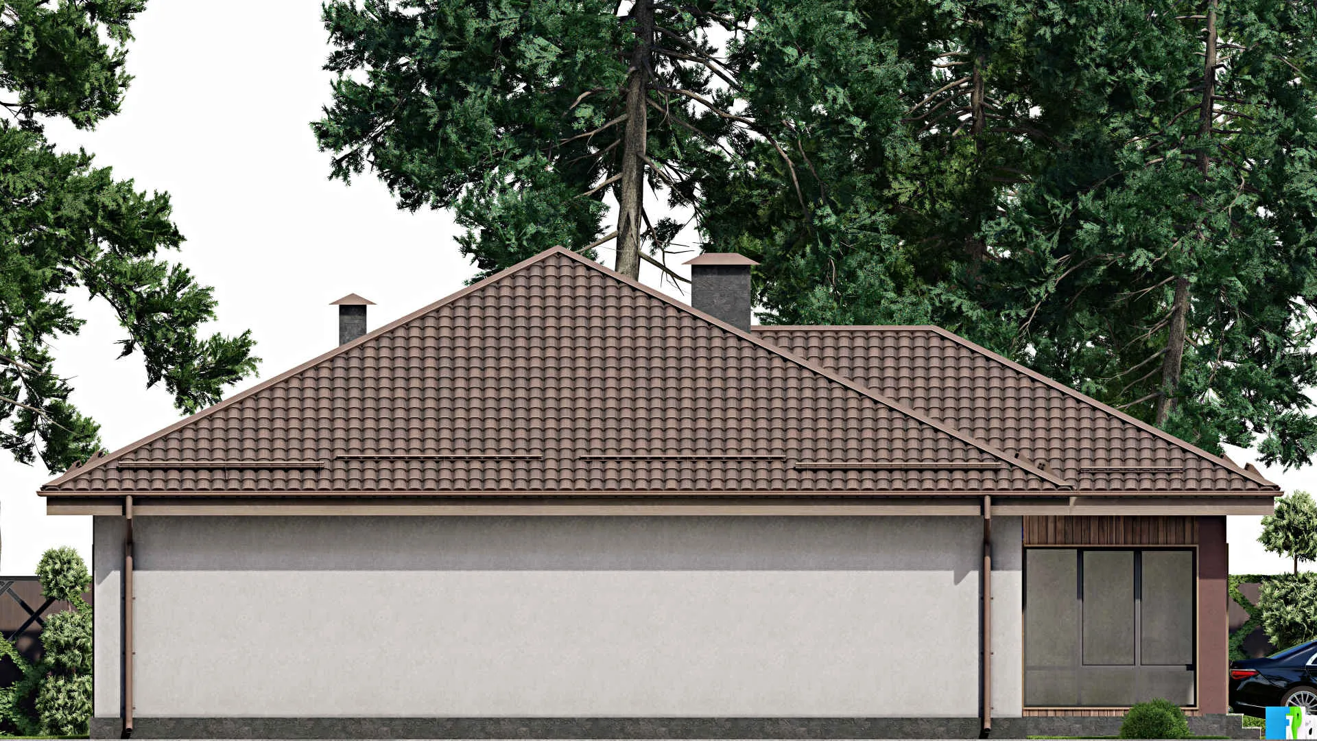 F-7649 - Проект одноэтажного дома 17 на 18, площадью 220 м² с гаражом на 2 машины и 3 спальнями