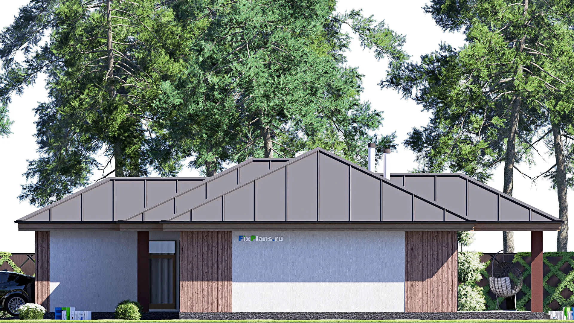 F-19349 - Проект одноэтажного дома 17 на 18, площадью 150 м² с террасой, гаражом на 1 машину и 2 спальнями