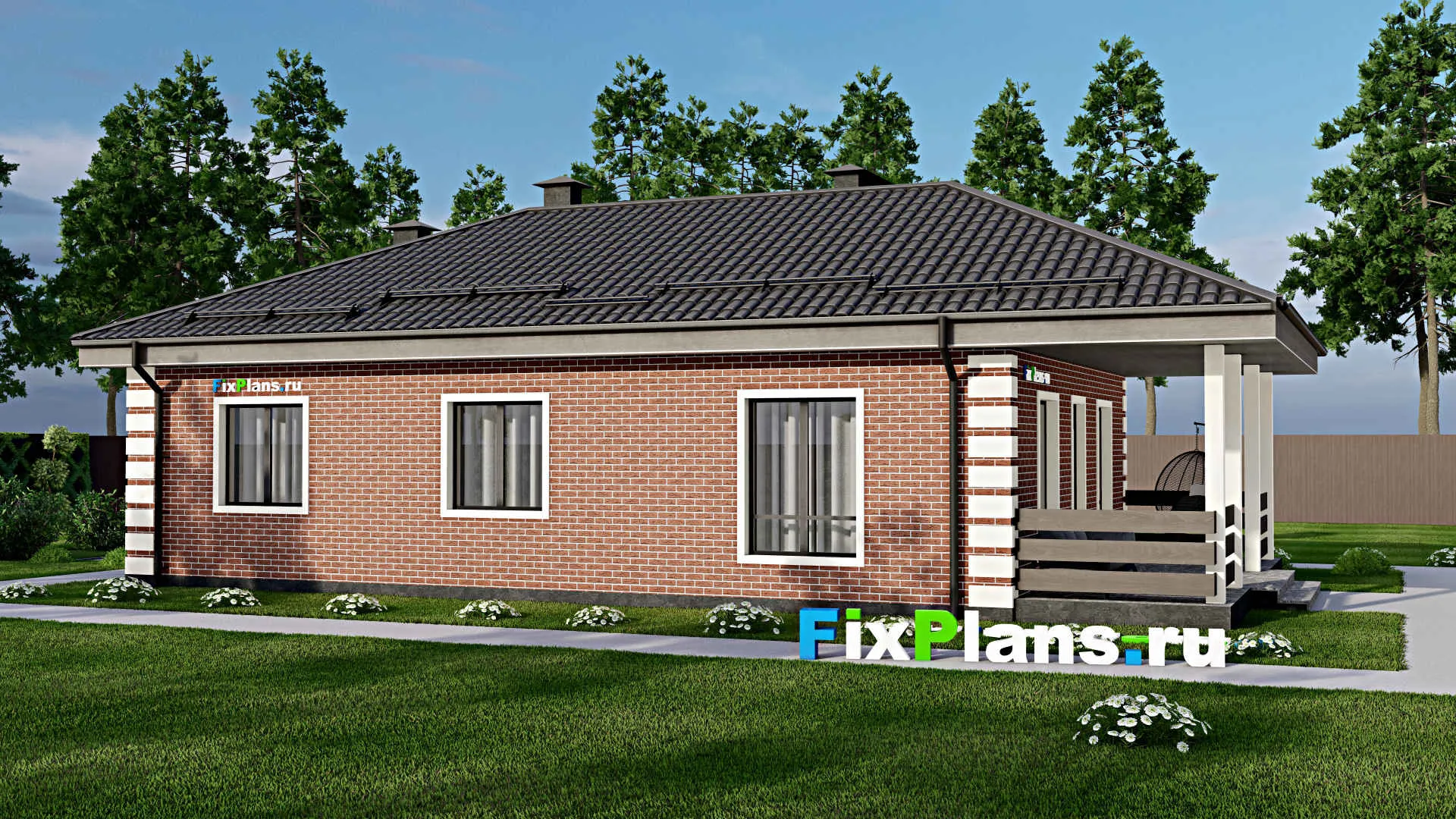 F-5552 - Проект одноэтажного дома 9 на 14, площадью 110 м² с террасой и 3 спальнями