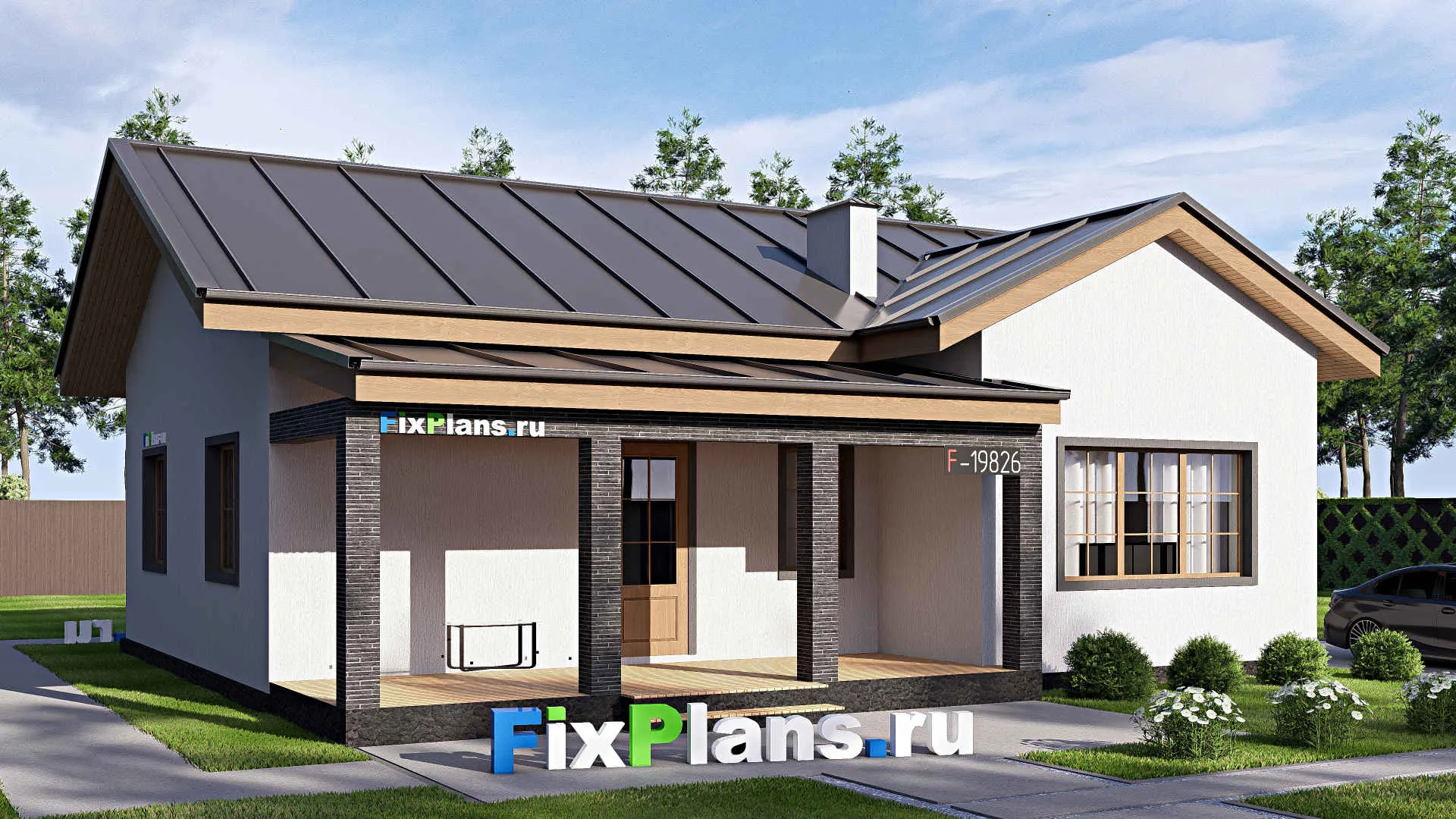 F-19826 - Проект одноэтажного дома 12 на 13, площадью 120 м² с террасой и 3 спальнями