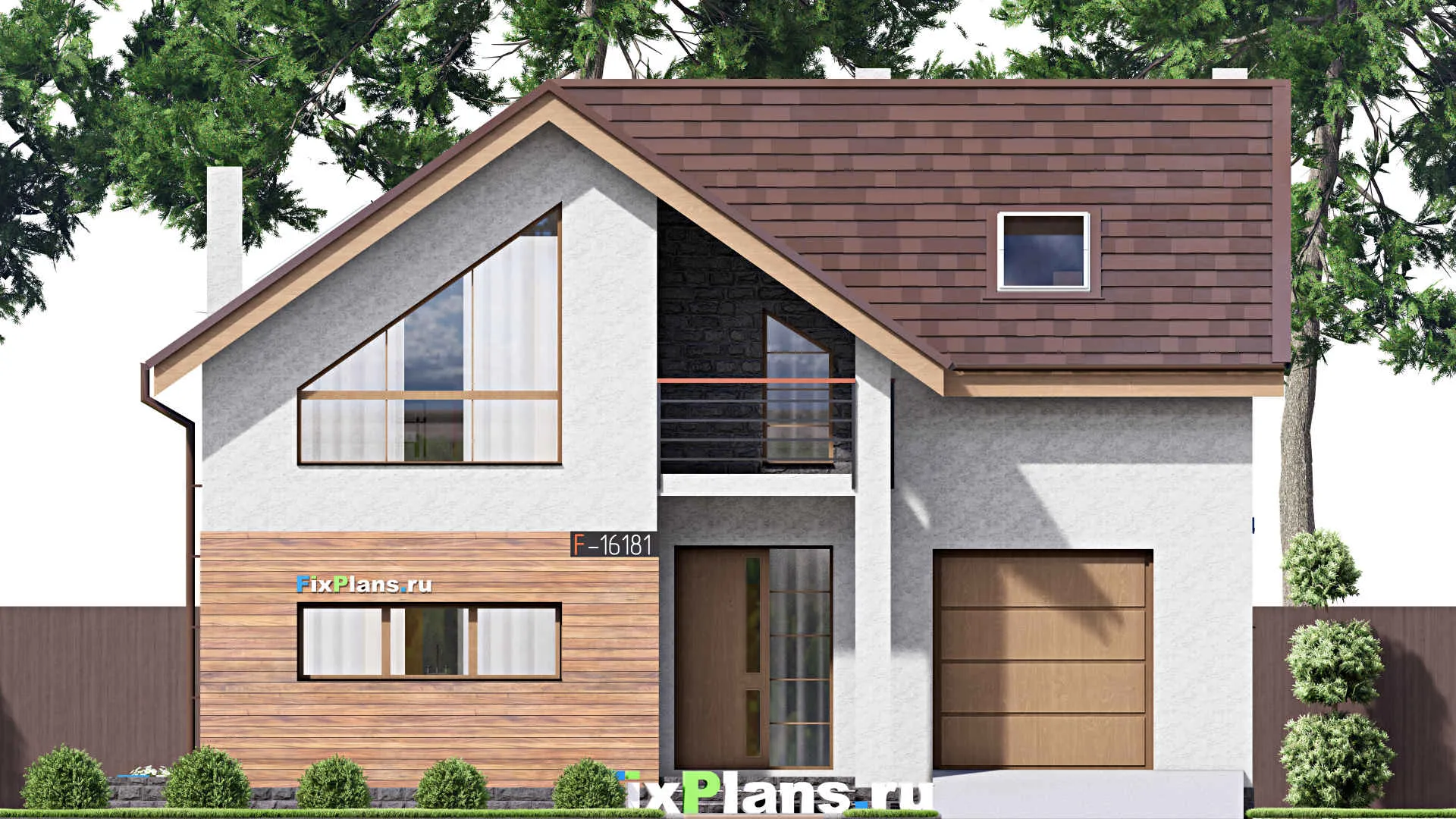 F-16181 - Проект дома с мансардой 13 на 16, площадью 240 м² с террасой, балконом, гаражом на 1 машину и 3 спальнями