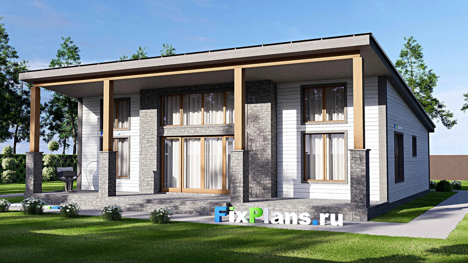 F-17180 - План одноэтажного дома 16 на 18, площадью 230 м² с террасой и 3 спальнями