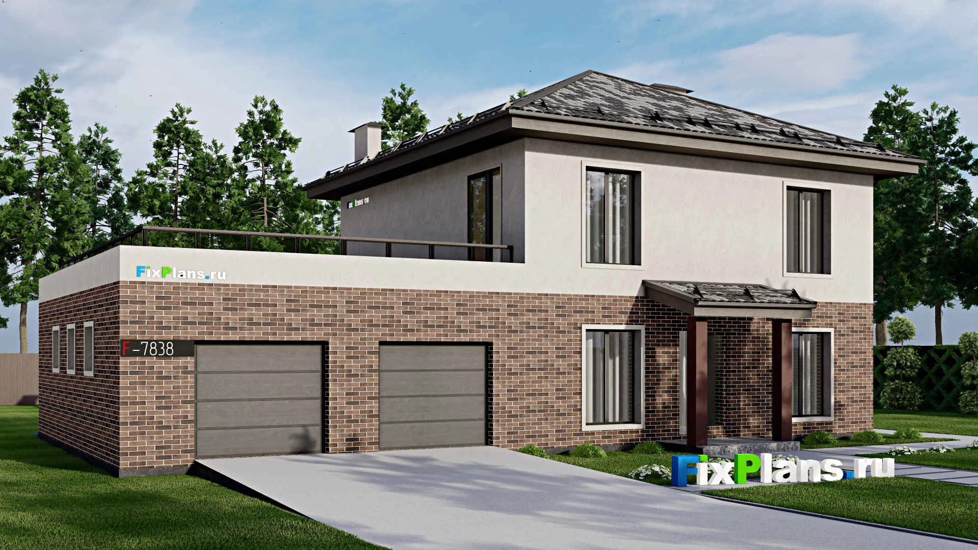 F-7838 - Проект двухэтажного дома 11 на 19, площадью 350 м² с террасой, балконом, гаражом на 2 машины и 4 спальнями