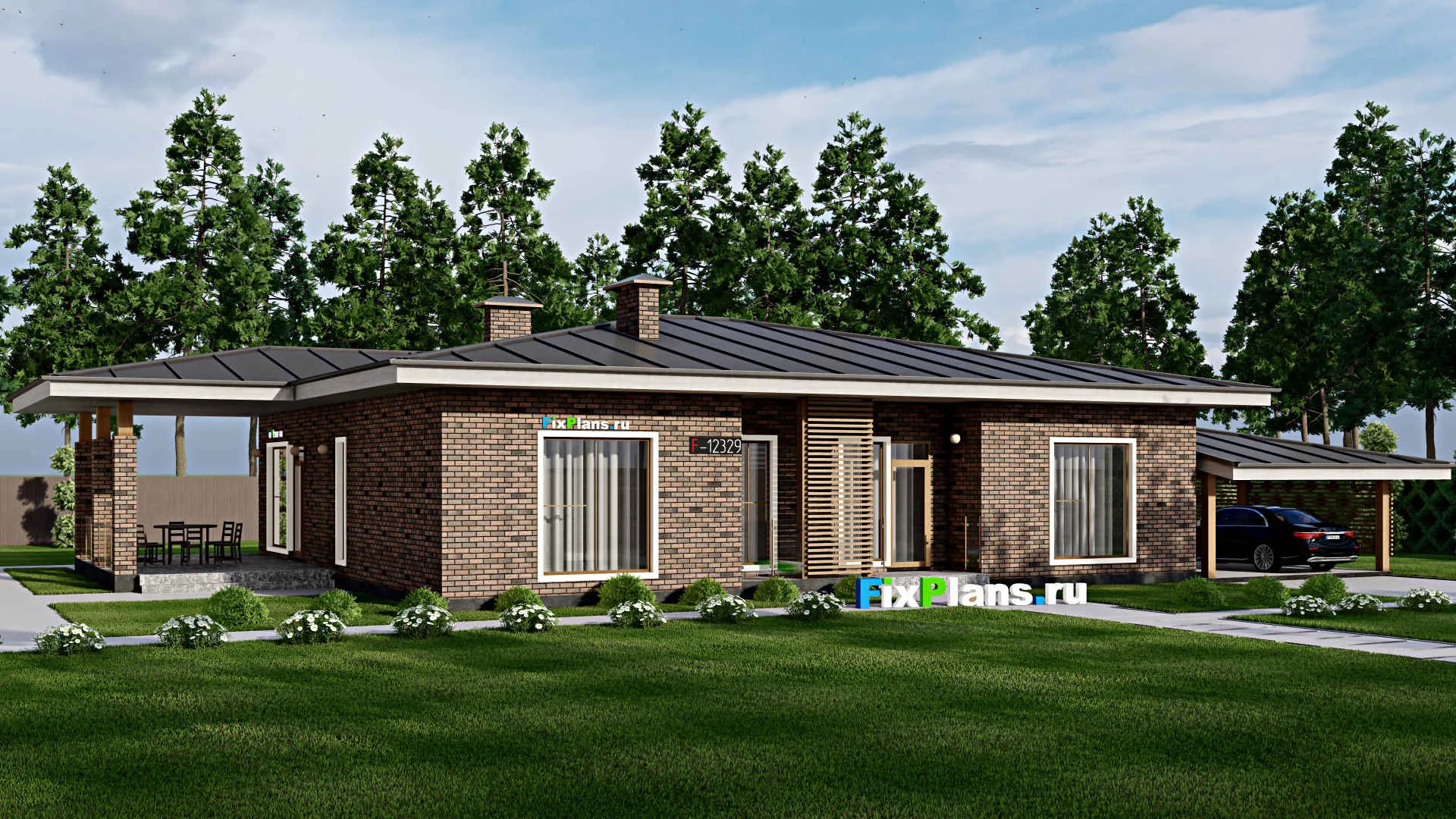 F-12329 - Проект одноэтажного дома 14 на 26, площадью 250 м² с террасой и 3 спальнями