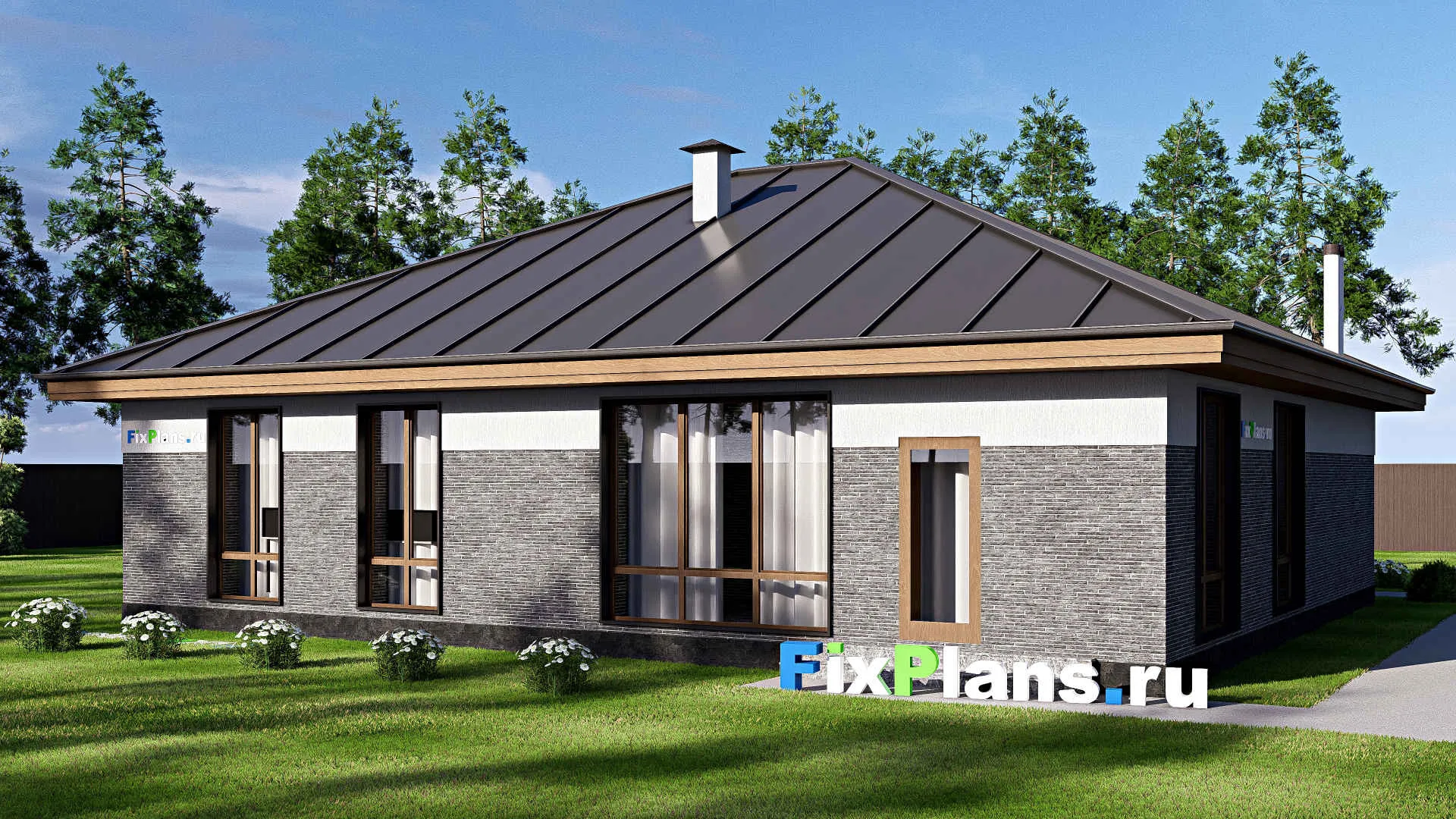 F-18206 - Проект одноэтажного дома 13 на 15, площадью 140 м² с террасой, баней и 3 спальнями