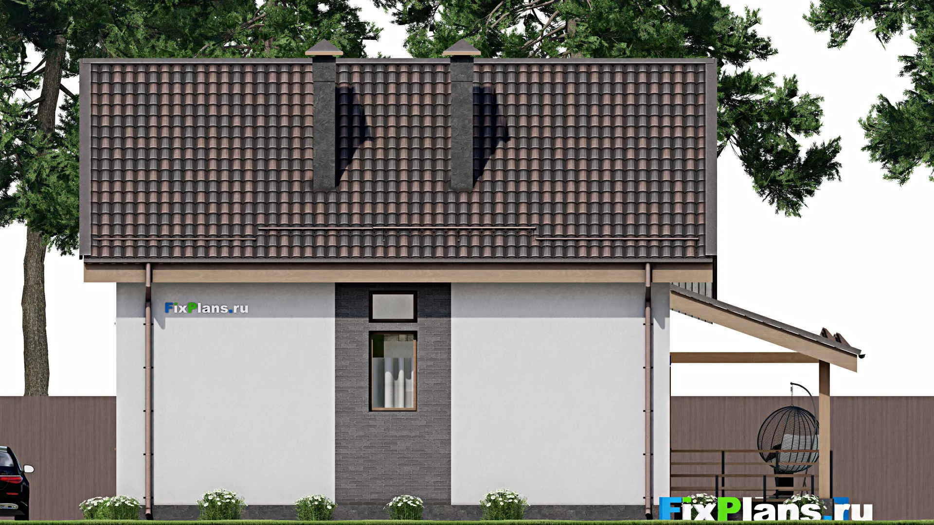 F-5669 - Проект дома с мансардой 9 на 11, площадью 220 м² с террасой, цокольным этажом и 3 спальнями