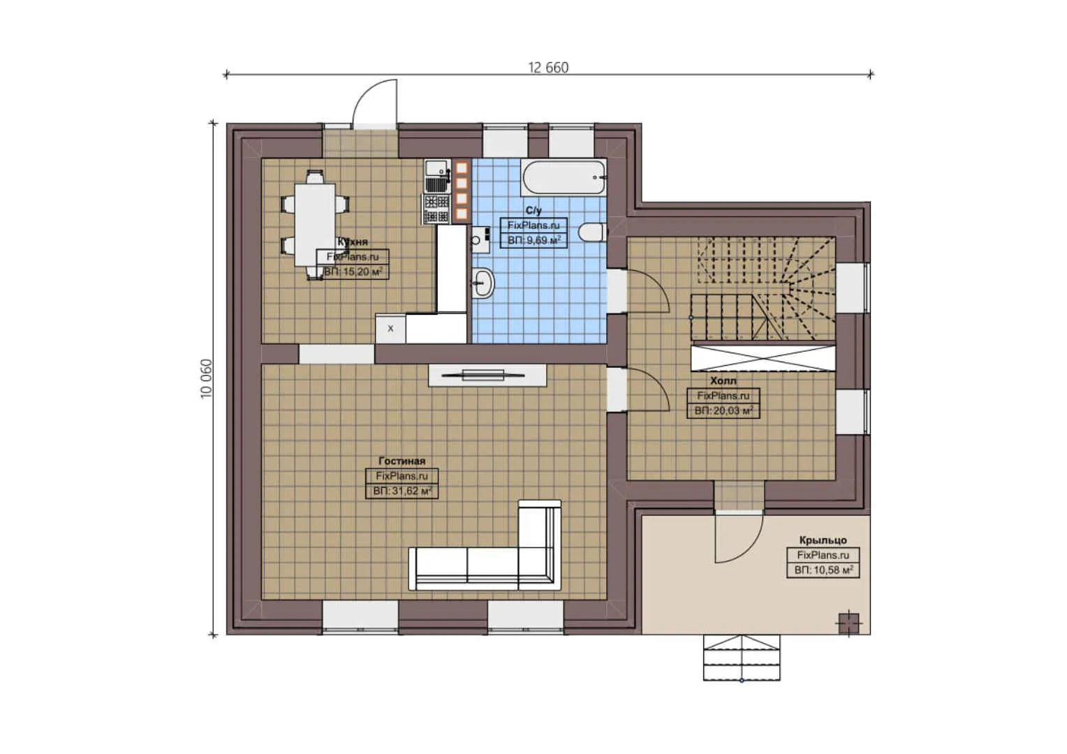 F-3167 - Планы дома с мансардой 11 на 13, площадью 200 м² с террасой и 4 спальнями