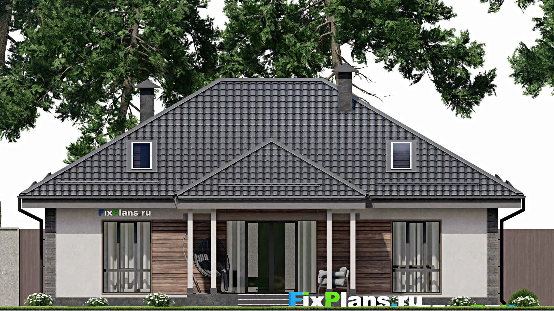 F-5525 - Проект одноэтажного дома 11 на 14, площадью 130 м² с террасой и 3 спальнями