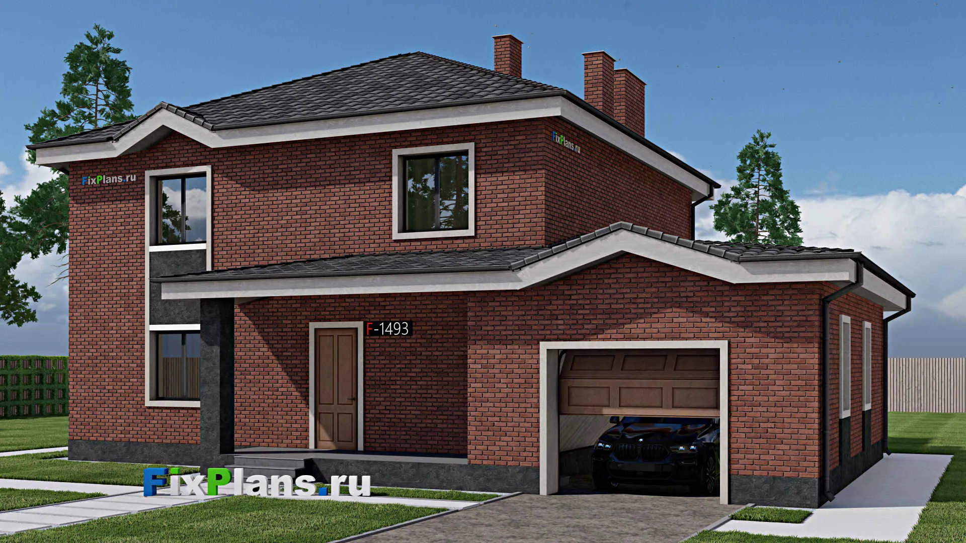 F-1493 - Проект двухэтажного дома 13 на 17, площадью 260 м² с террасой, баней, гаражом на 1 машину и 3 спальнями