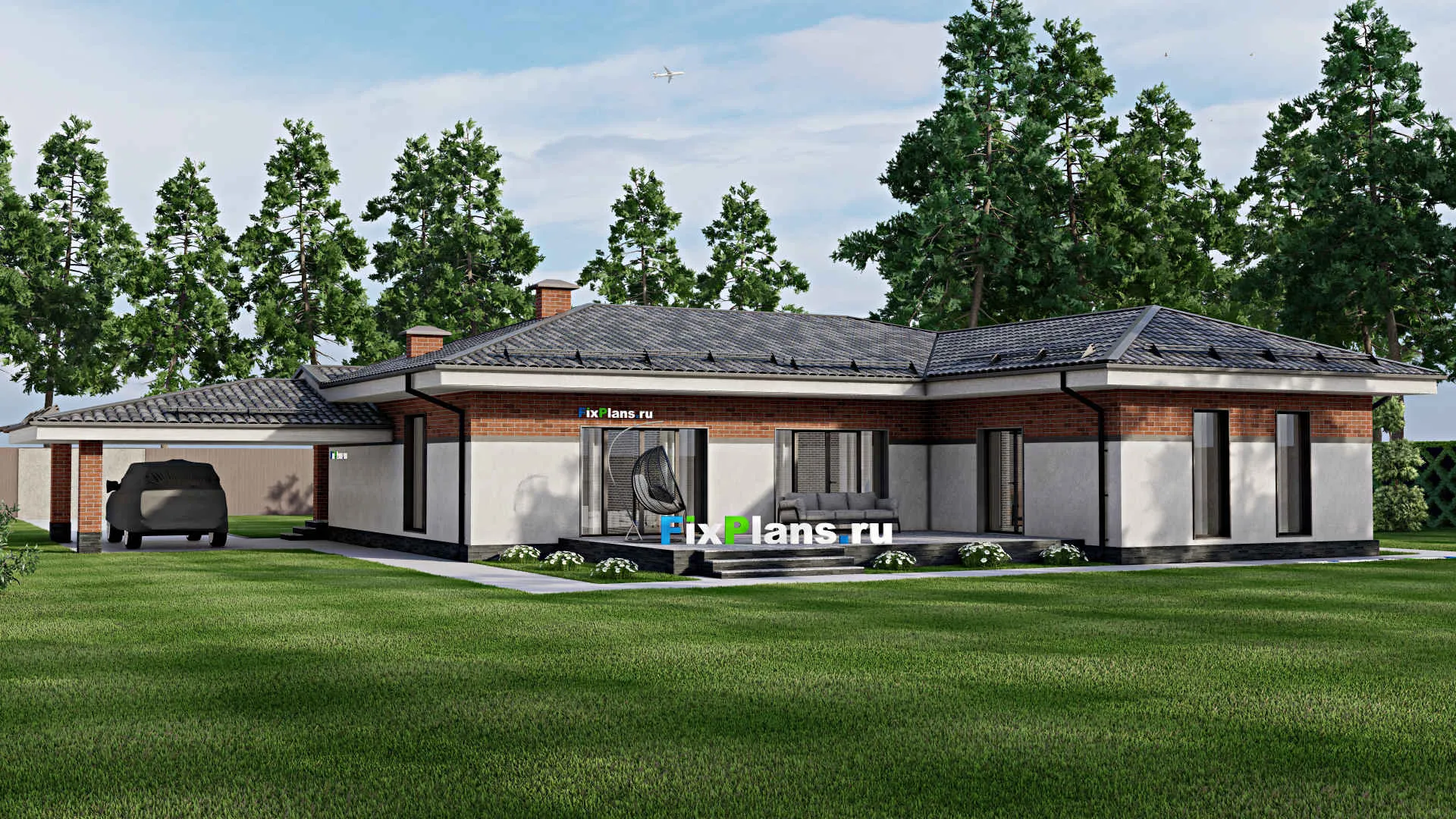 F-6542 - Проект одноэтажного дома 17 на 17, площадью 270 м² с террасой и 3 спальнями