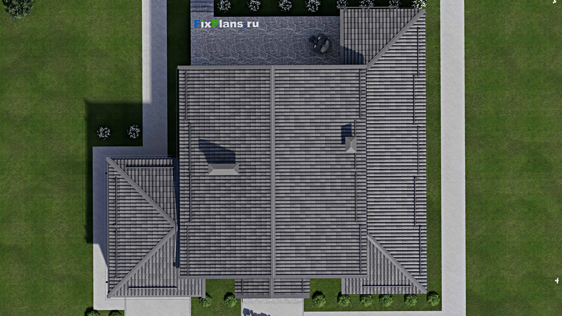 F-6668 - Проект дома с мансардой 17 на 19, площадью 310 м² с террасой, гаражом на 1 машину и 3 спальнями