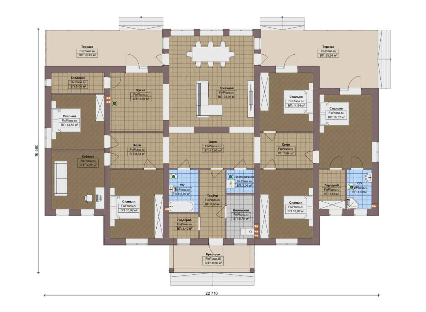 F-19610 - План одноэтажного дома 17 на 23, площадью 280 м² с террасой и 5 спальнями