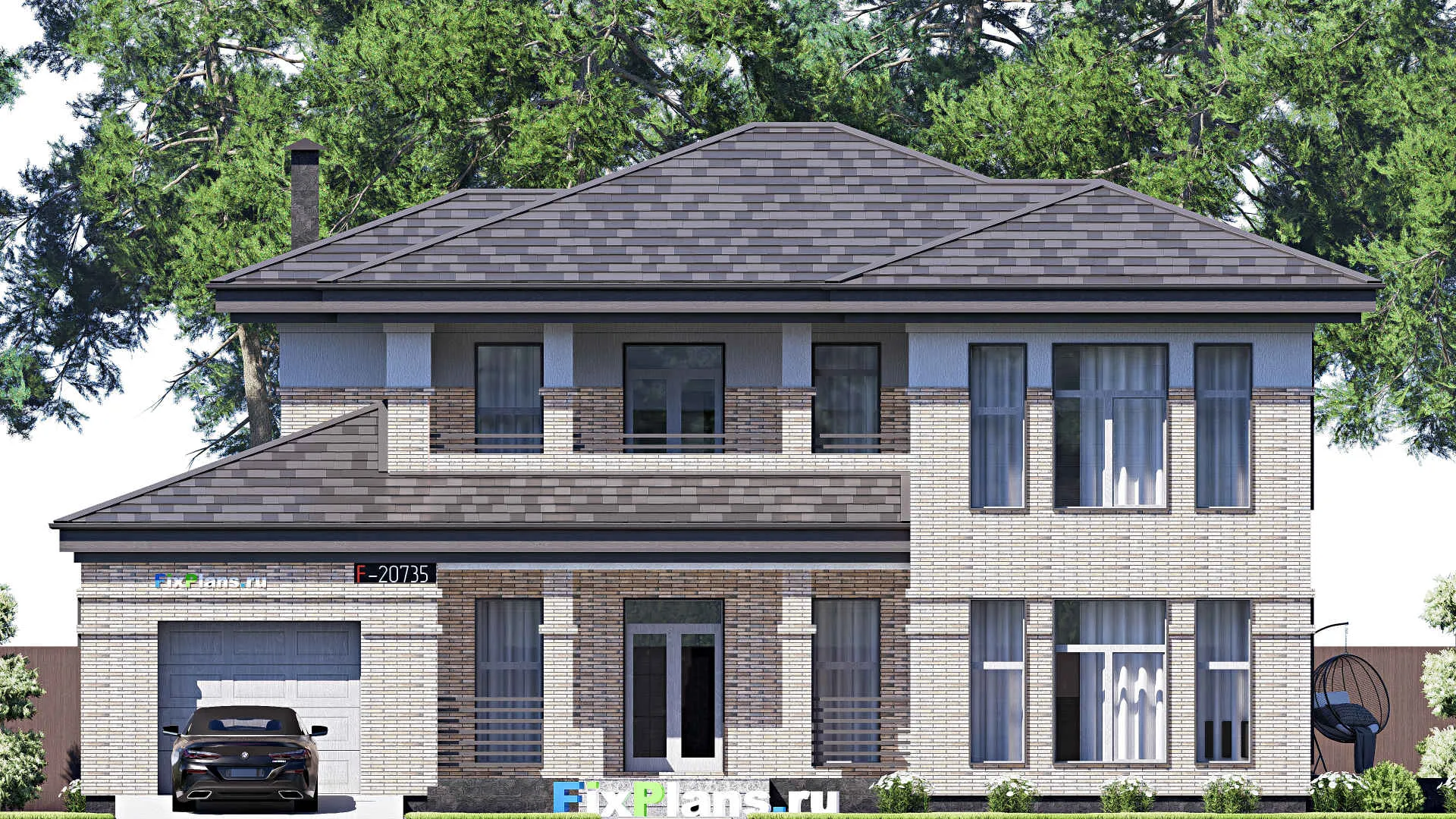 F-20735 - Проект двухэтажного дома 14 на 21, площадью 280 м² с террасой, балконом, гаражом на 1 машину и 4 спальнями