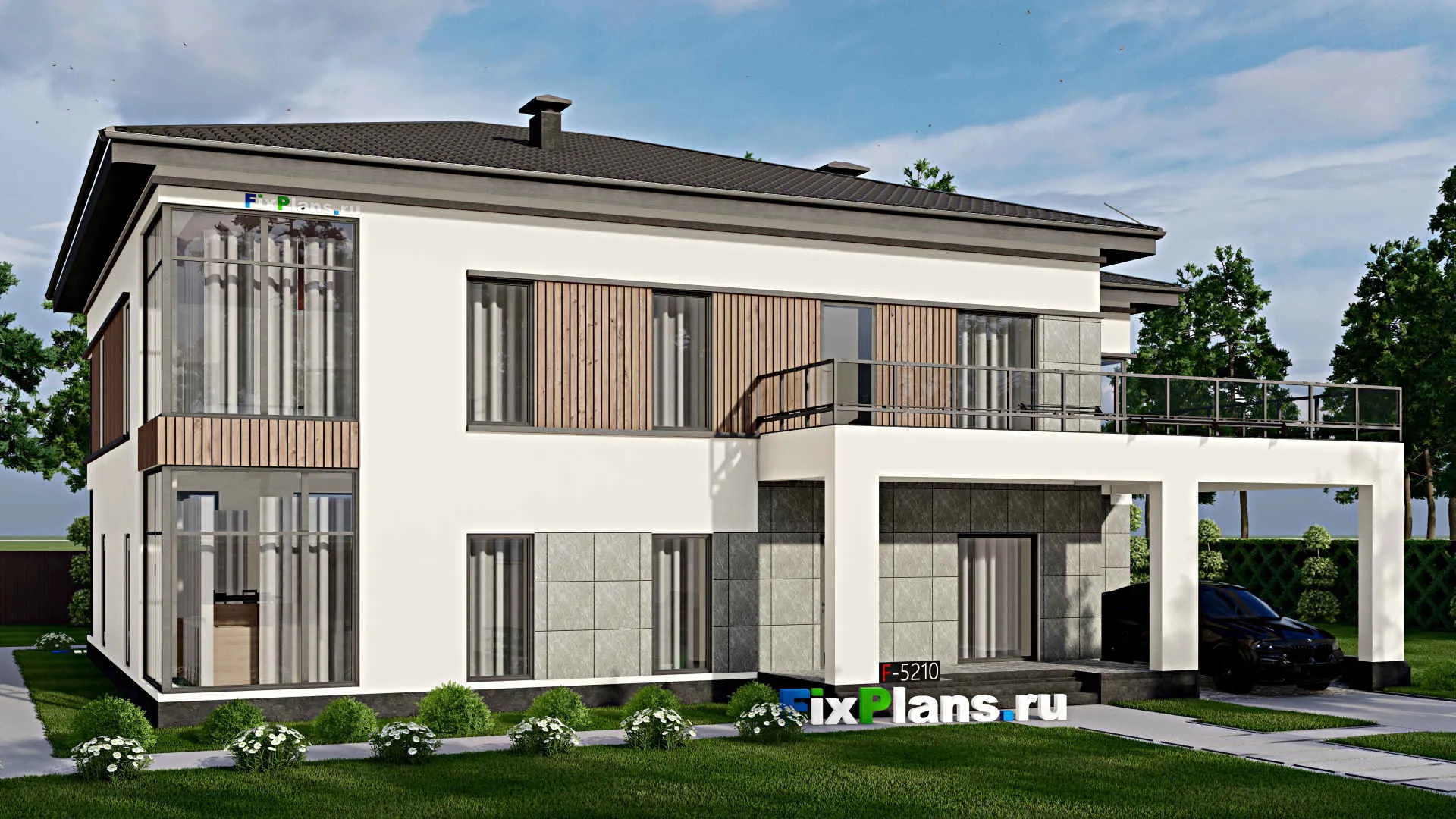 F-5210 - Проект двухэтажного дома 15 на 20, площадью 460 м² с балконом, гаражом на 1 машину, спортзалом и 1 спальнями