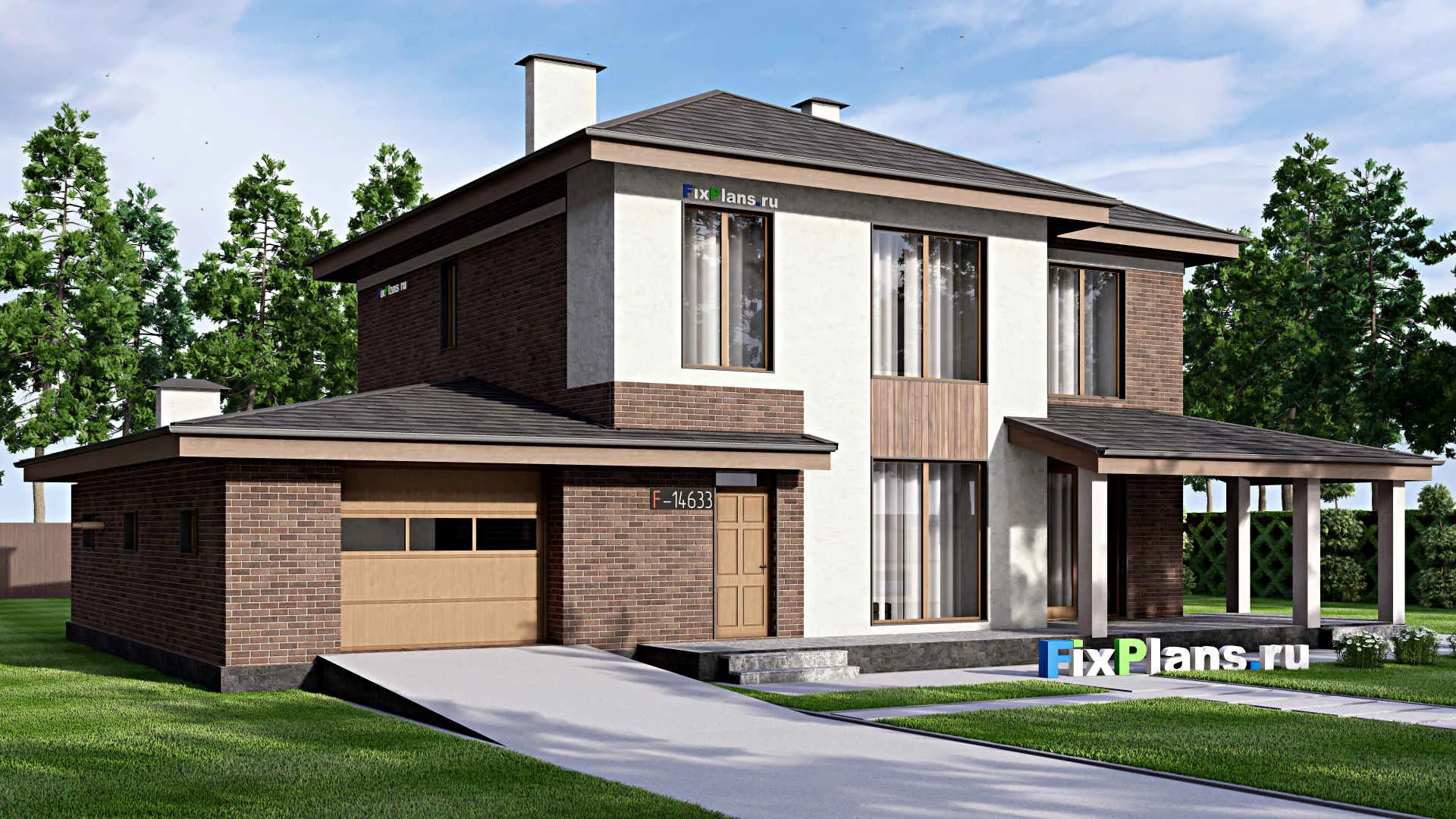 F-14633 - Проект двухэтажного дома 14 на 20, площадью 250 м² с террасой, баней, гаражом на 1 машину и 4 спальнями