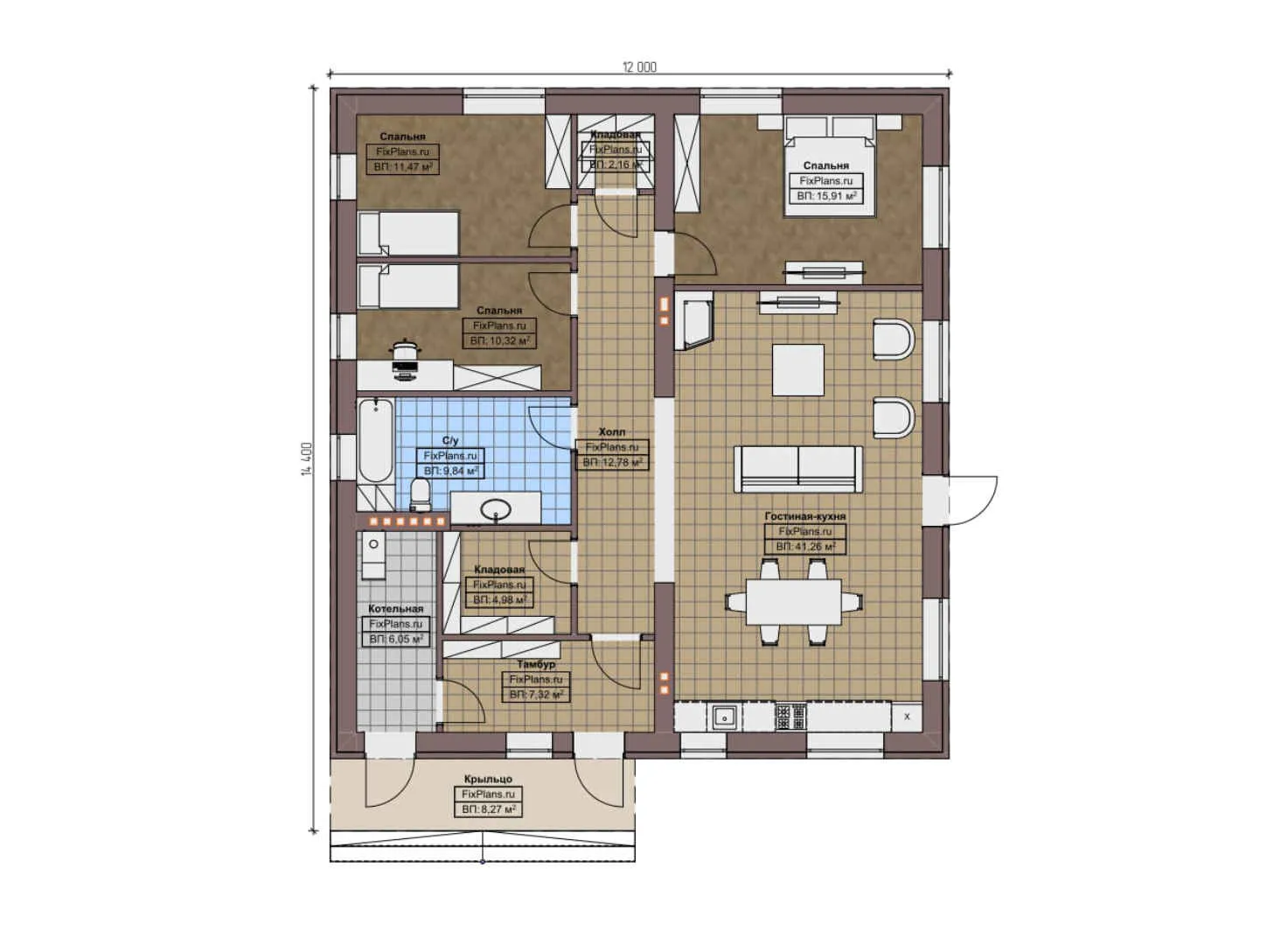F-9602 - План одноэтажного дома 12 на 15, площадью 130 м² с 3 спальнями