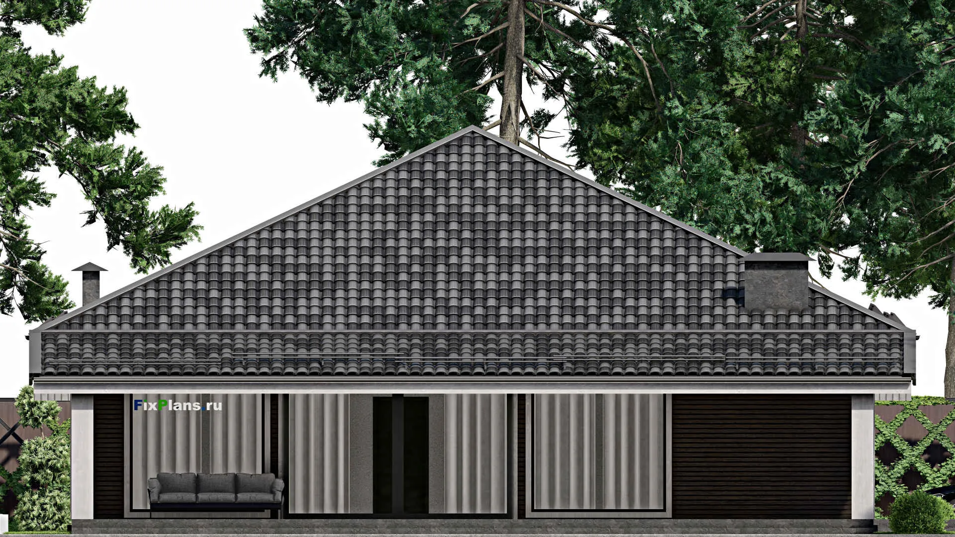 F-6839 - Проект одноэтажного дома 14 на 14, площадью 270 м² с террасой и 3 спальнями