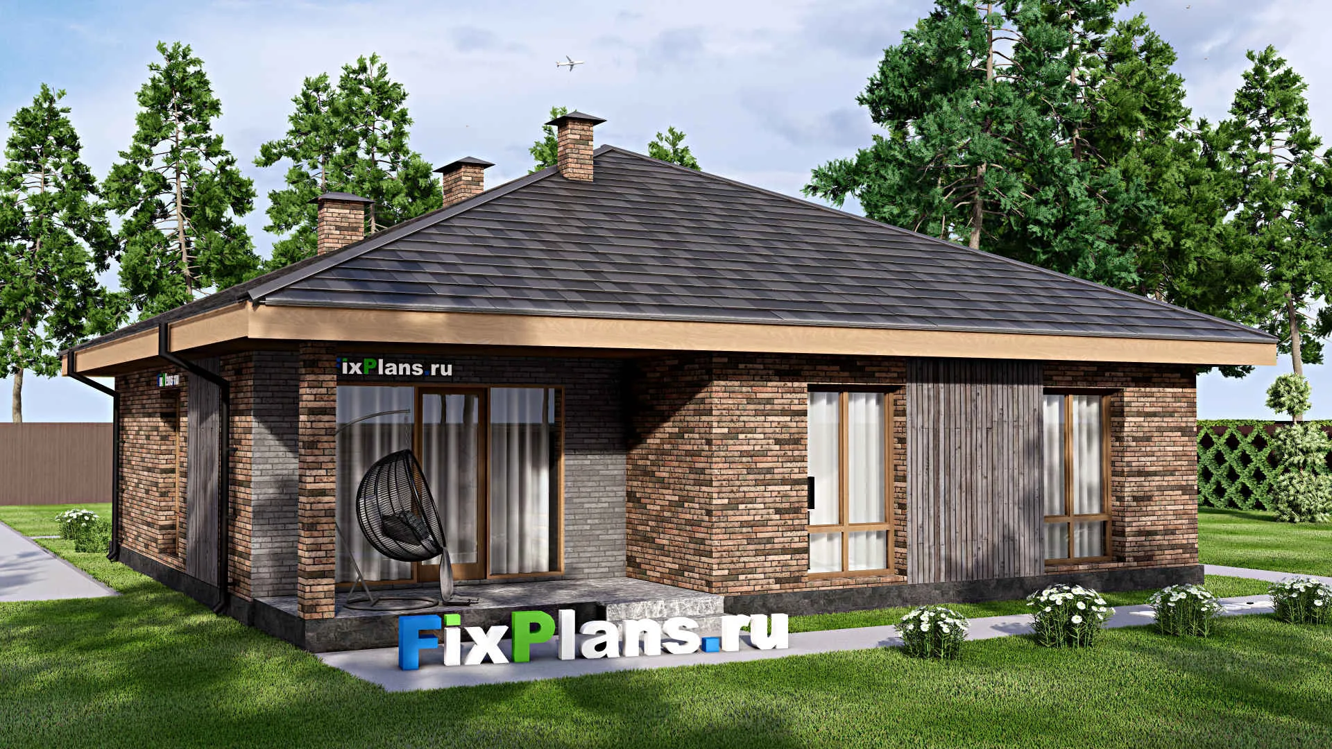 F-14624 - Проект одноэтажного дома 13 на 13, площадью 130 м² с террасой и 3 спальнями