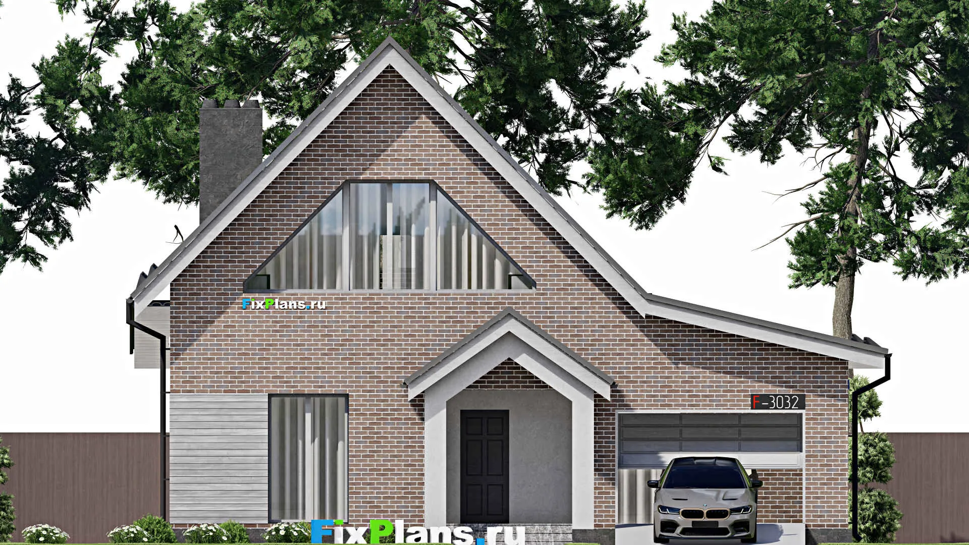 F-3032i - Проект дома с мансардой 13 на 15, площадью 210 м² с террасой, гаражом на 2 машины и 3 спальнями