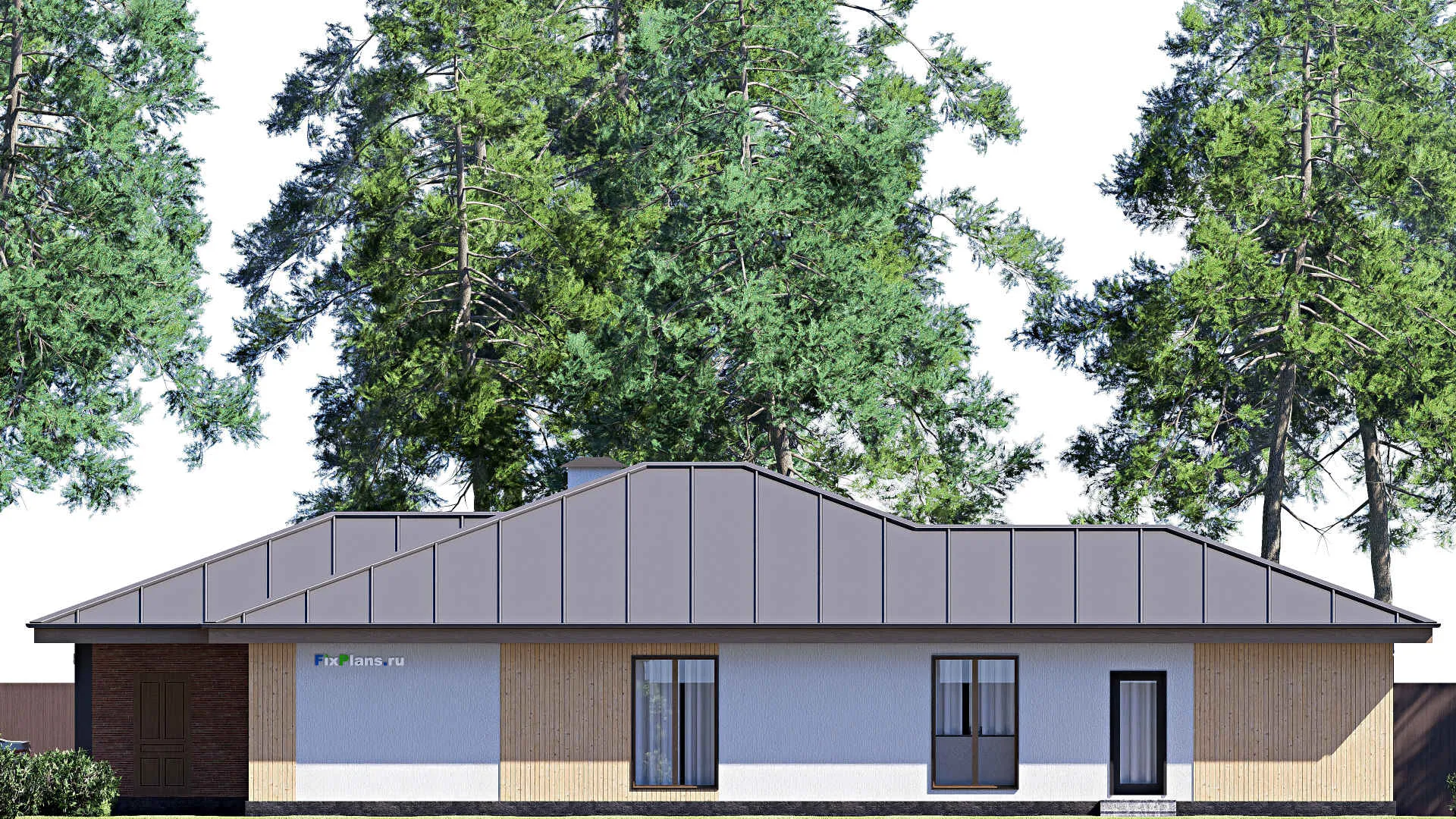 F-18692 - Проект одноэтажного дома 18 на 23, площадью 260 м² с террасой, баней, гаражом на 2 машины и 4 спальнями