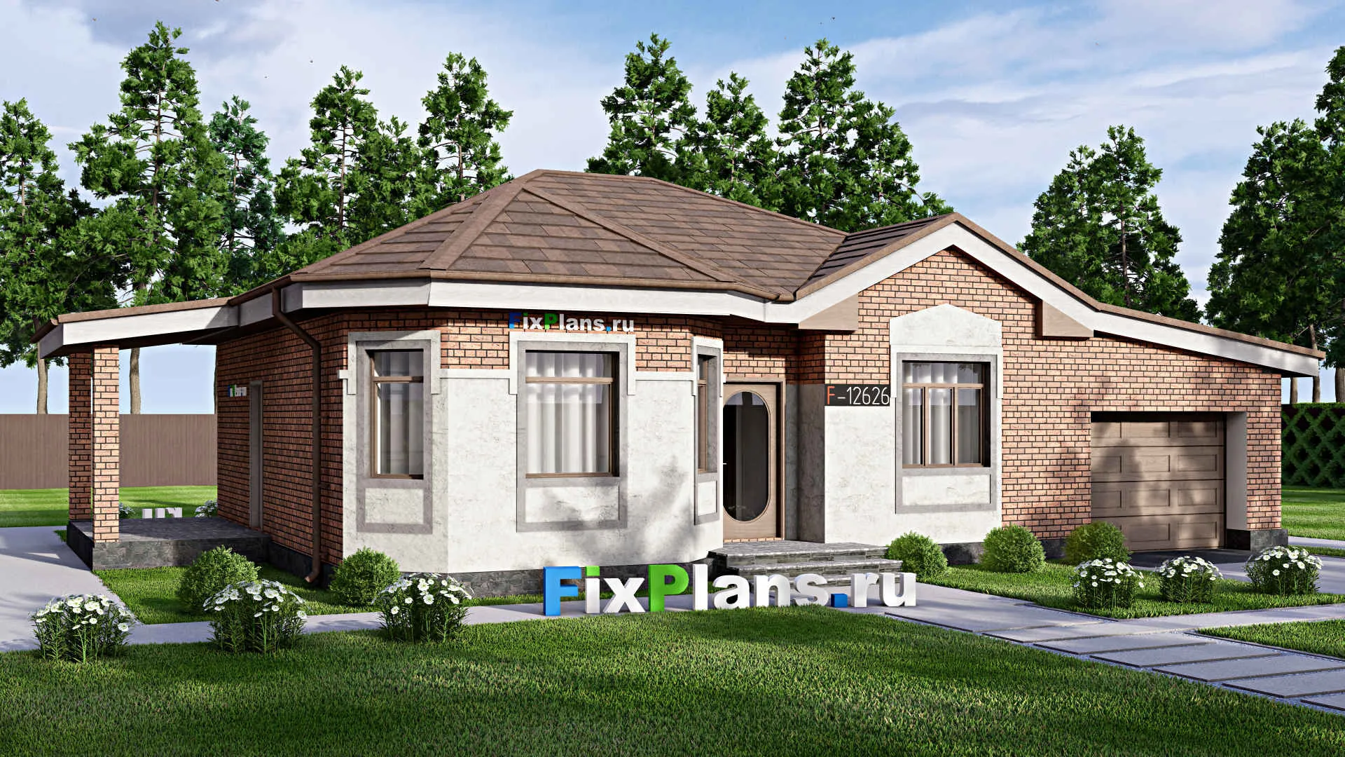 F-12626 - Проект одноэтажного дома 10 на 17, площадью 120 м² с террасой, гаражом на 1 машину и 2 спальнями