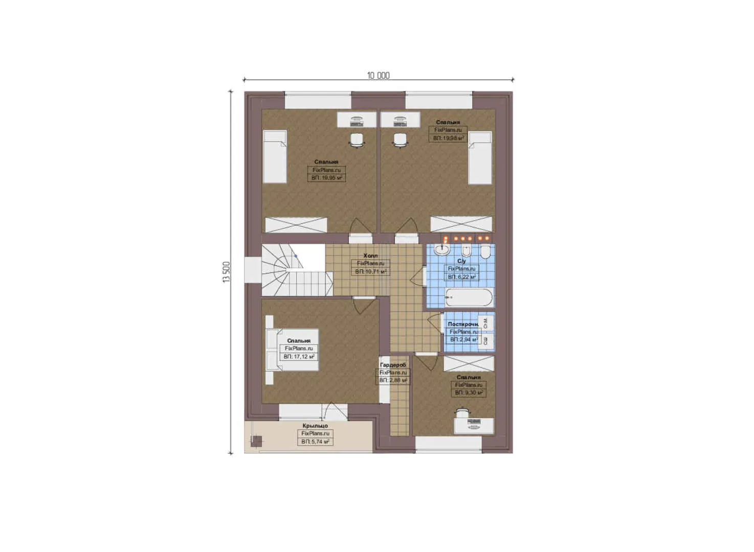 F-12977 - Планы дома с мансардой 10 на 17, площадью 220 м² с террасой и 5 спальнями