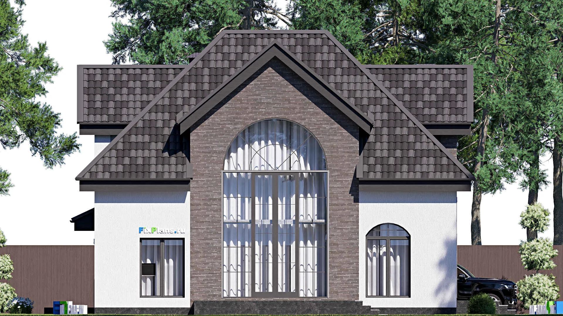 F-19106 - Планы дома с мансардой 14 на 19, площадью 190 м² с террасой, гаражом на 1 машину и 2 спальнями