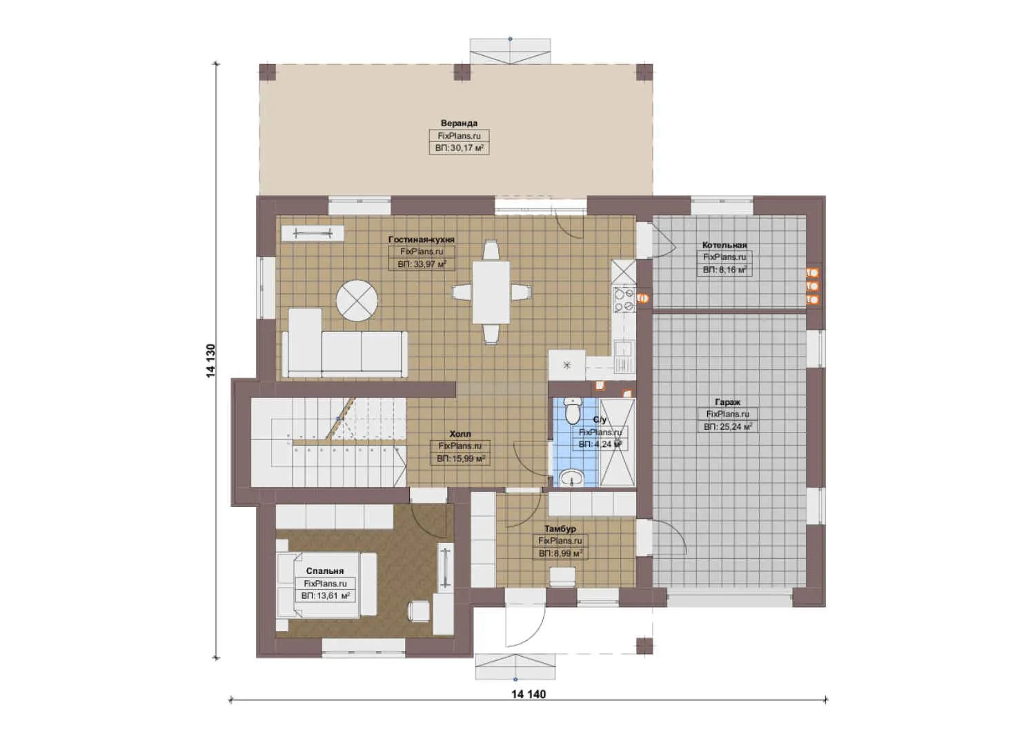 F-17315 - Планы двухэтажного дома 15 на 15, площадью 210 м² с террасой, гаражом на 1 машину и 4 спальнями