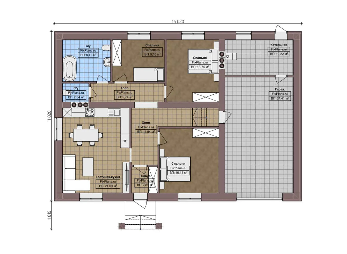 F-0998 - План одноэтажного дома 12 на 17, площадью 140 м² с гаражом на 1 машину и 3 спальнями