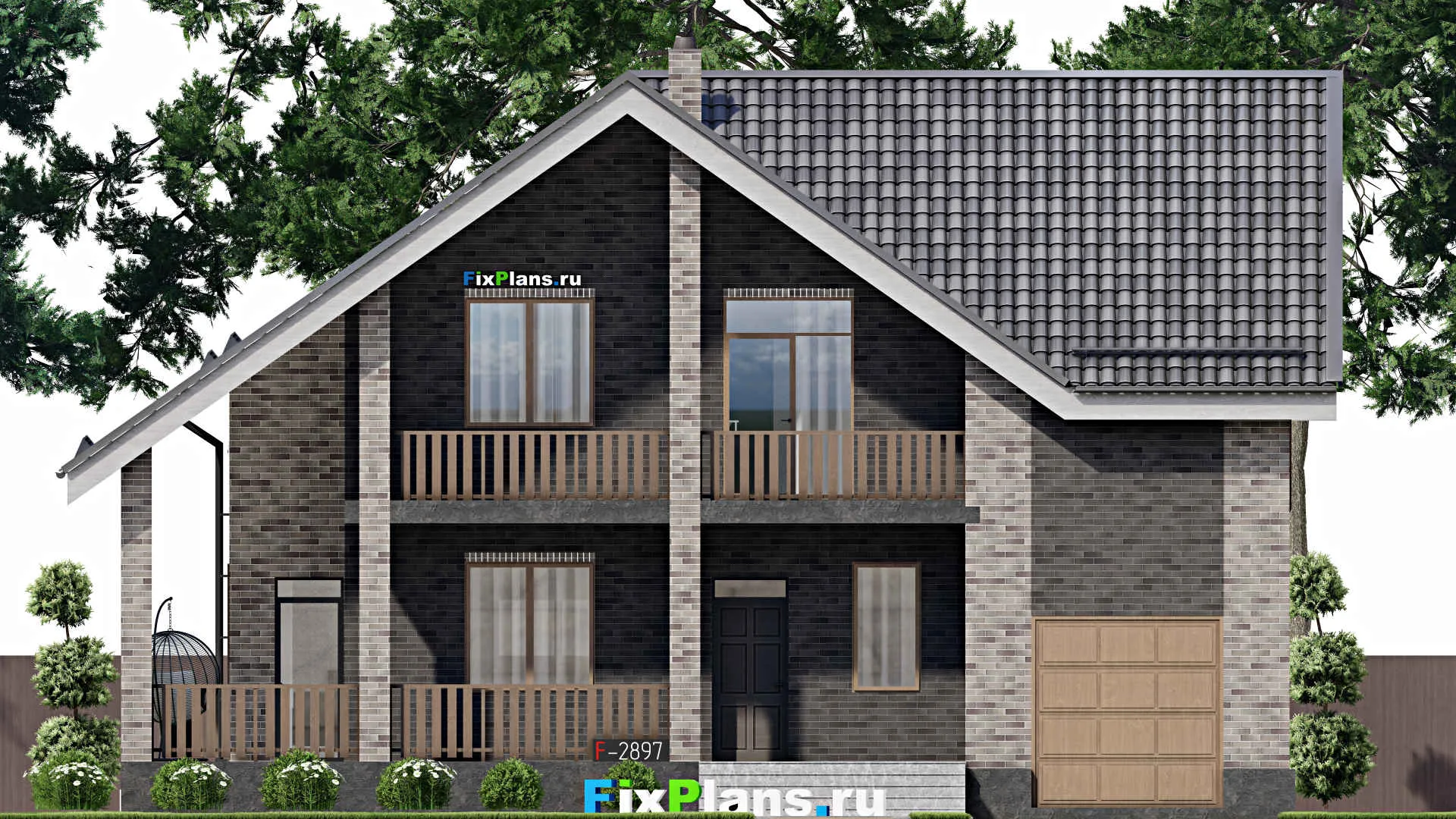 F-2897 - Проект дома с мансардой 13 на 14, площадью 250 м² с террасой, балконом, гаражом на 1 машину и 6 спальнями