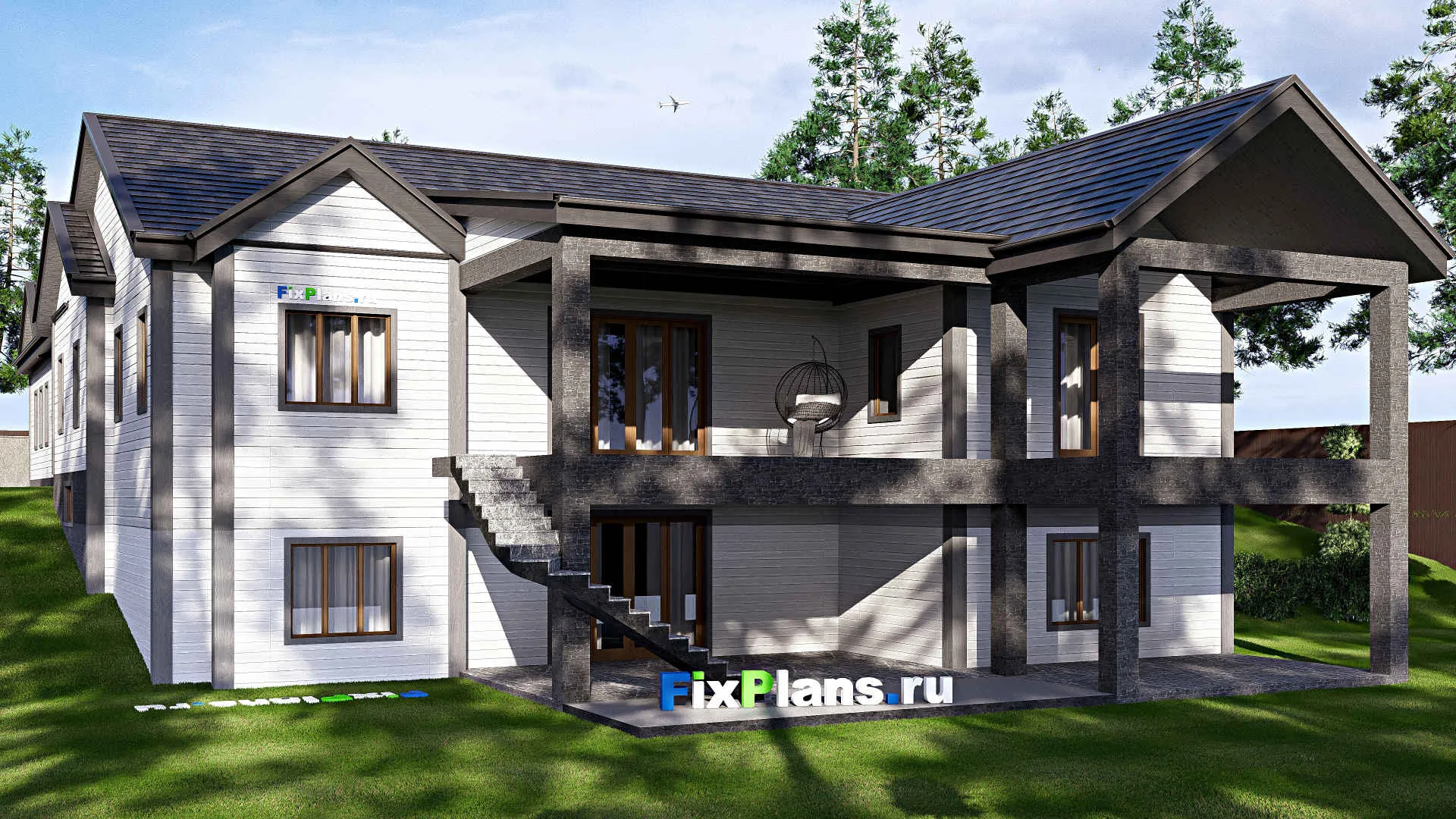 F-17162 - Проект одноэтажного дома 21 на 34, площадью 710 м² с террасой, цокольным этажом, гаражом на 2 машины и 4 спальнями